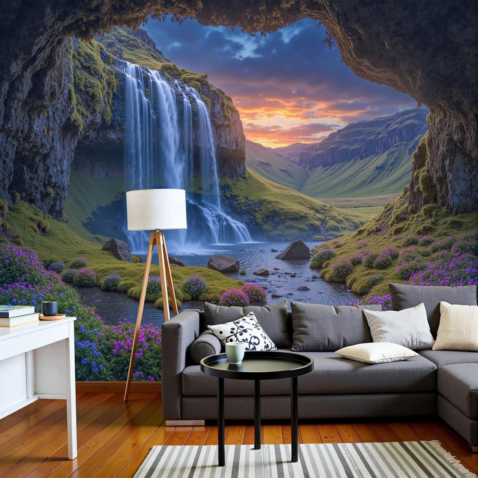 Photo wallpaper, Sunset Cave Non-woven Icelandic Waterfalls XXL Modern Wall Mural, Green Wall Decor Decoration for Living Room Bedroom, 430cm x 300cm Stickers - Frameless Painting - Poster