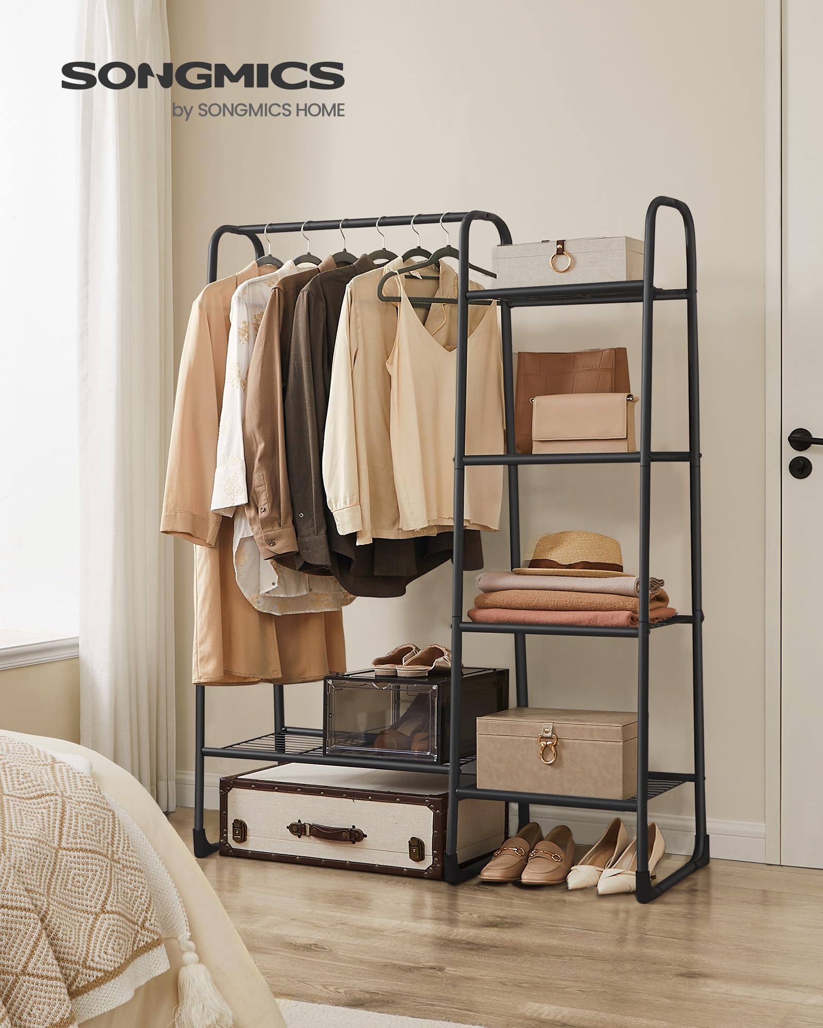 SONGMICS Kleiderständer, Wäscheständer mit 5 Ablagen, Metallrahmen, 40 x 101,7 x 153,3 cm, für Schlafzimmer, Wohnzimmer, Eingangsbereich, tintenschwarz HSR138B01