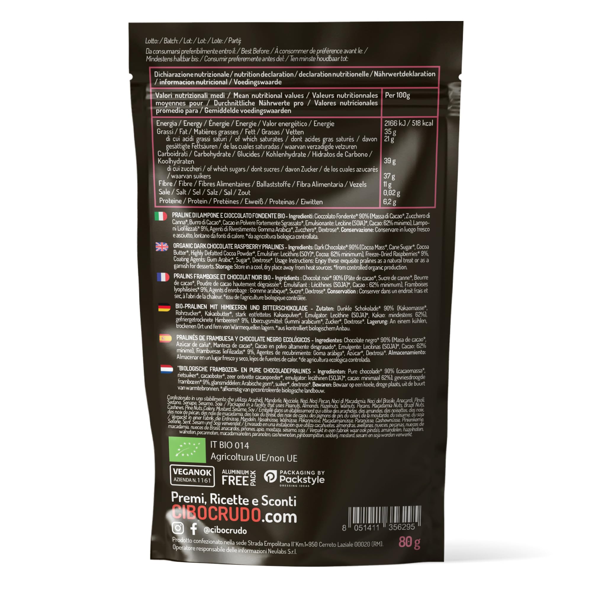 Framboise Enrobées de Chocolat Noir - 80g. Nuggets de Framboises Enrobés de Chocolat Noir à 90%. Framboises Pralinées au Cucre. Doux Cadeau pour la Saint-Valentin.