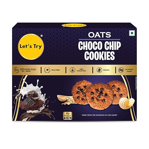 Let's Try Oats Choco Chip Cookies - 200g | No refined Flour (maida) | No White Sugar | Eggless Cookies | High Dietary Fiber | Healthy Cookies | No additives & Preservatives | Choco Cookies | Oats Cookies | Chocochips