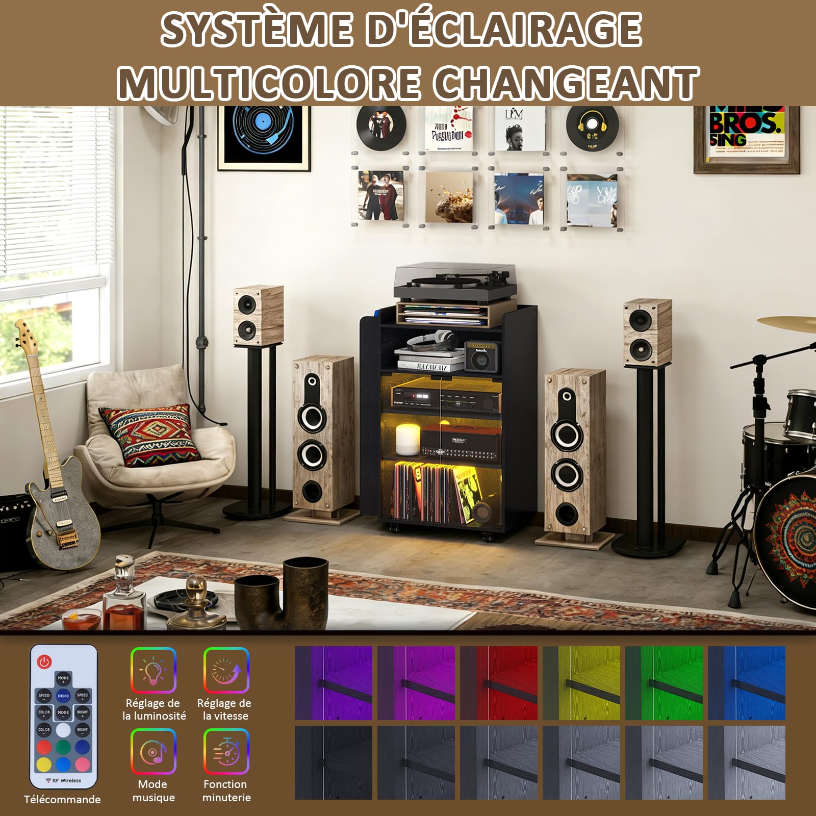 YU YUSING Meuble Vitrine CD Chaîne HiFi à 5 Niveaux avec Éclairage RGB 20 Couleurs, Prise Intégrée et Roulettes, Meuble Platine Vinyle, Étagères Réglables pour Tourne Disque, DVD, Salon/Bureau/Studio