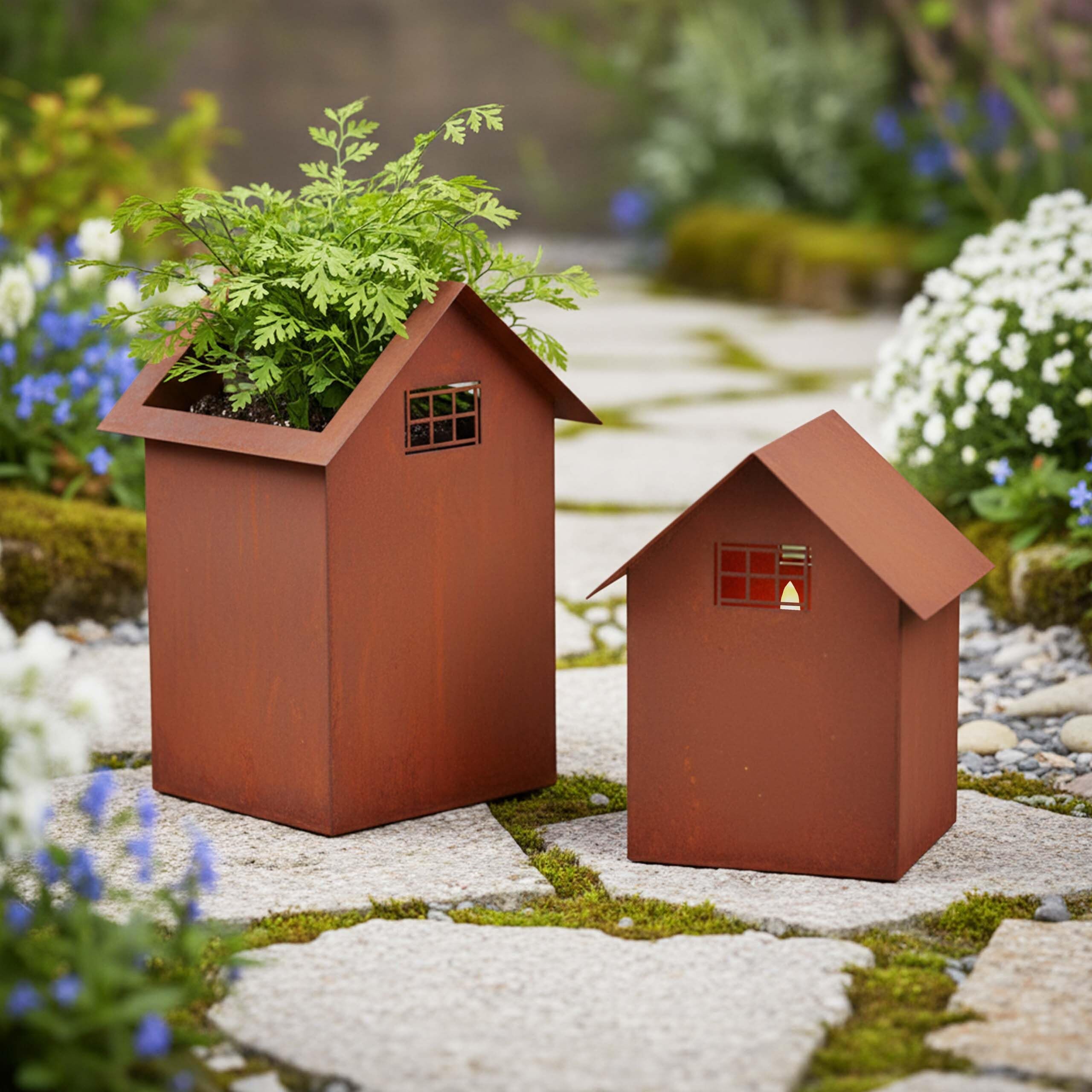 Relaxdays Decoro da Giardino Effetto ruggine, Set 2 pz, 2 Misure, Metallo, vasi/Lanterne casa