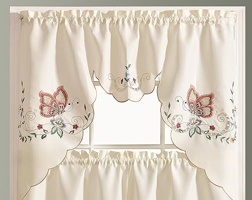 GOHD Dancing Butterfly. Juego de 3 cortinas bordadas multicolor para cafeteríafestón y niveles con cortes. Juego de tratamiento de ventana para
