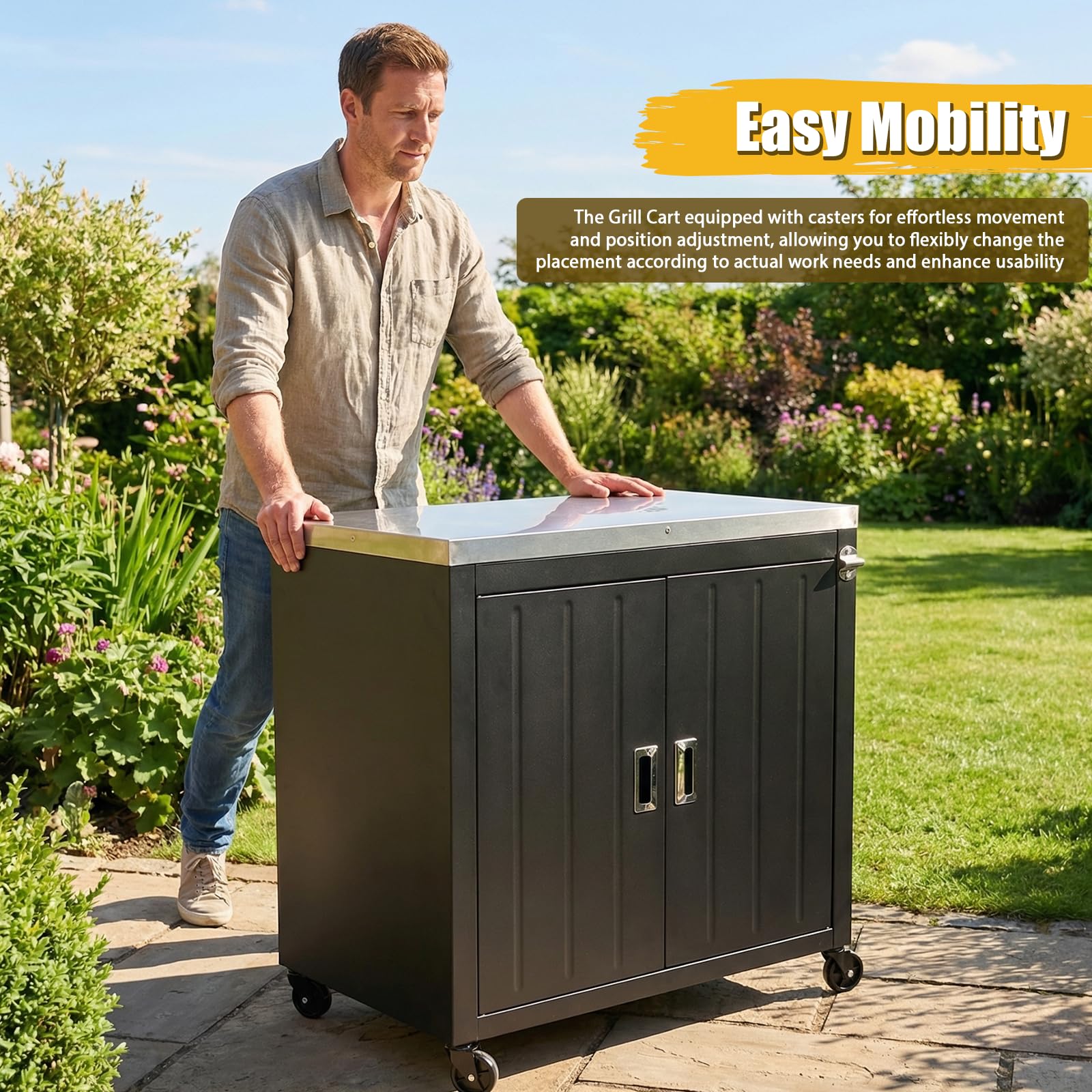 GFTIME Carrello da cucina per esterni, 89,9 x 65 x 91,9 cm, con piano di lavoro in acciaio inox, 2 ripiani laterali pieghevoli, 2 ante e ruote, carrello da portata mobile per barbecue, giardino