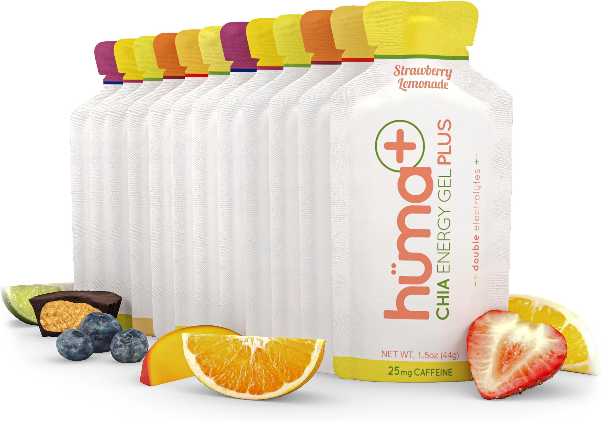 Huma Plus (Double Electrolytes) Chia Energy Gel, Variety Pack, 24 Gels - Stomach Friendly, Real Food Energy Gels
