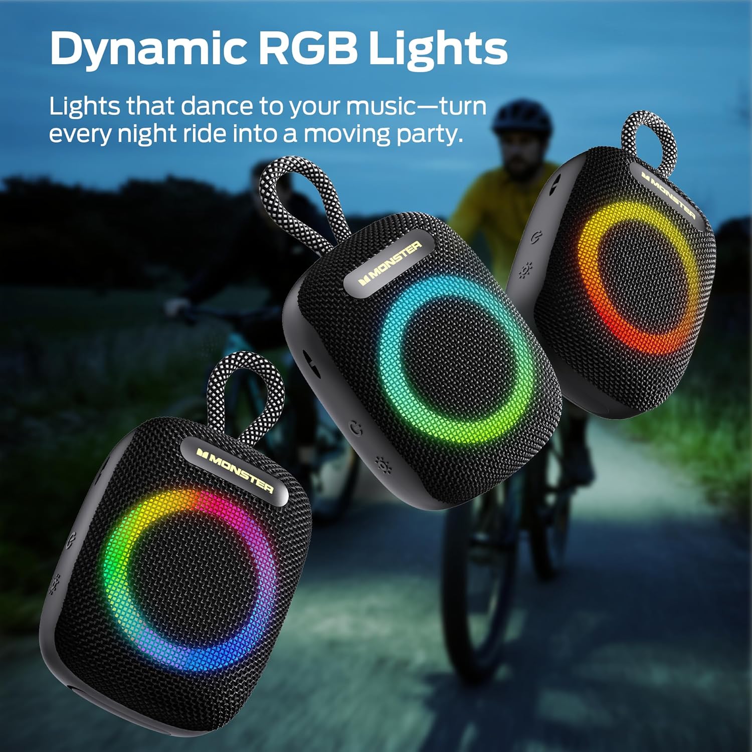 Three Monster S300 speakers displaying dynamic RGB lights, creating a vibrant atmosphere.