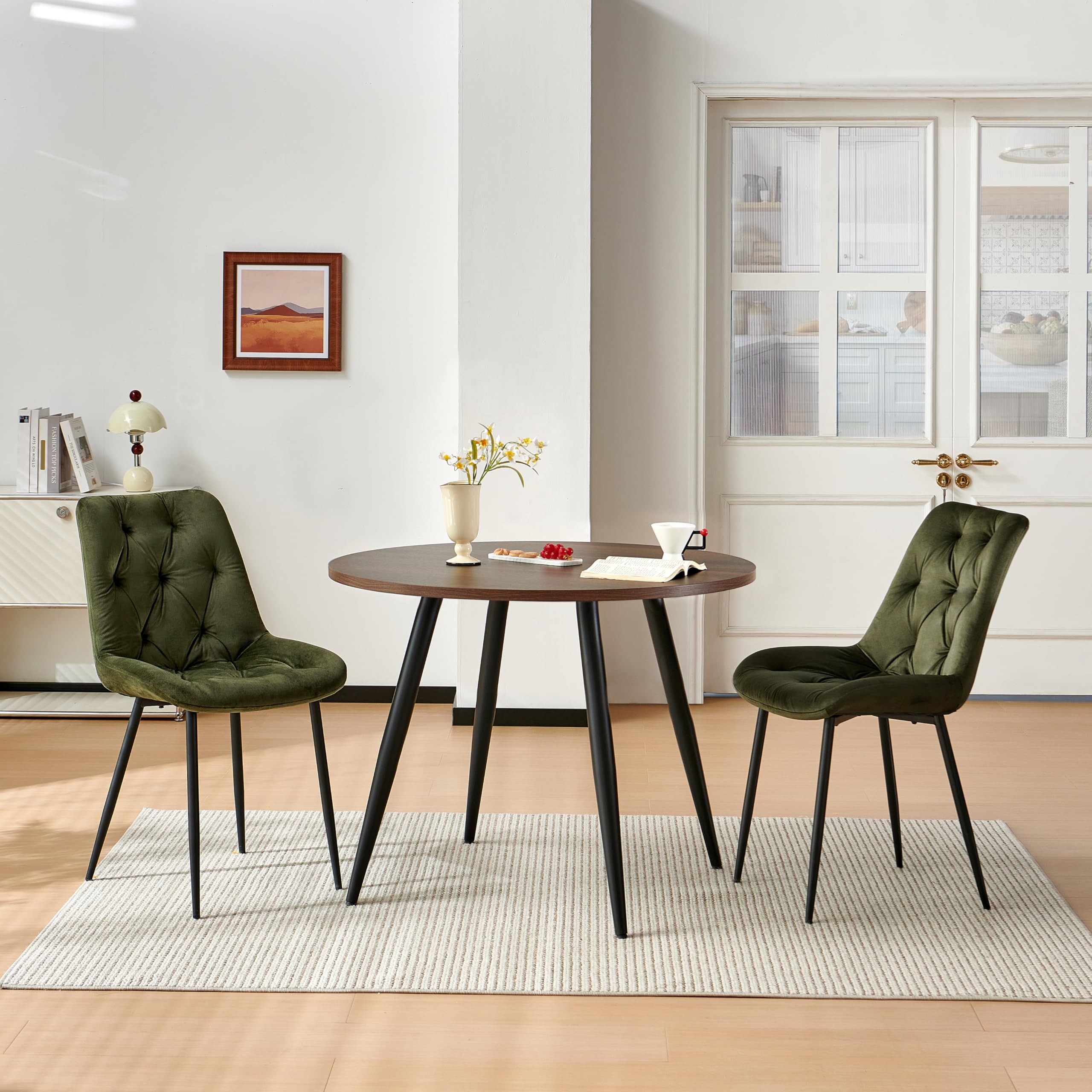 Colorig Modern Round Dining Table and Chairs Set of 2, 3pcs Dining Room Sets for Kitchen Office Living Room (Dark Walnut Round Legs Table, Sage Green Chairs Set of 2)