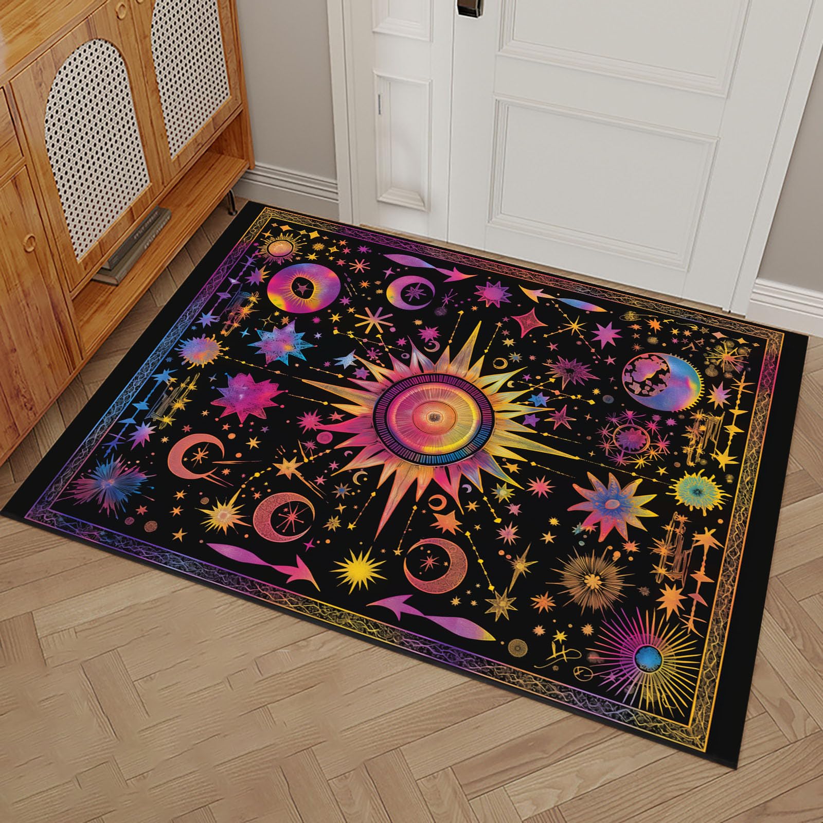 Paillasson d'entrée soleil lune tie-dye 50x80 cm lavable noir