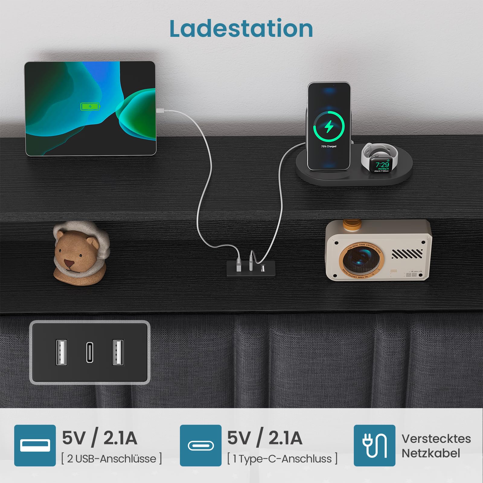 Polsterbett Schlafsofa 90 x 200 mit LED-Beleuchtung und USB-Ladestation,Jugendbett 90 x 200 cm,Tagesbett,Eckbettgestell aus LED-Metall mit 2 Schubladen und Bücherregal,Grau