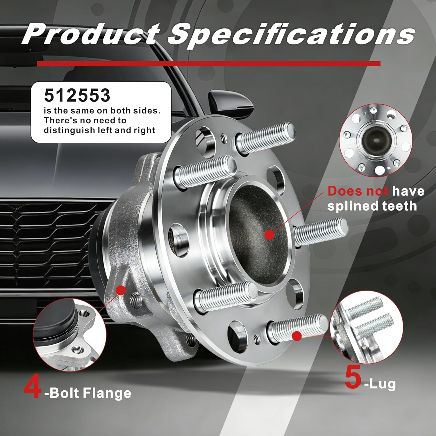 512553 Rear Wheel Bearing Hub Assembly Compatible with Hyundai Sonata 2015-2019 Tucson 2016-2021 Veloster N 2020-2022, Kia Cadenza 2017-2020 Optima 2016-2020 Sportage 2017-2021, 5 Lugs w/ABS