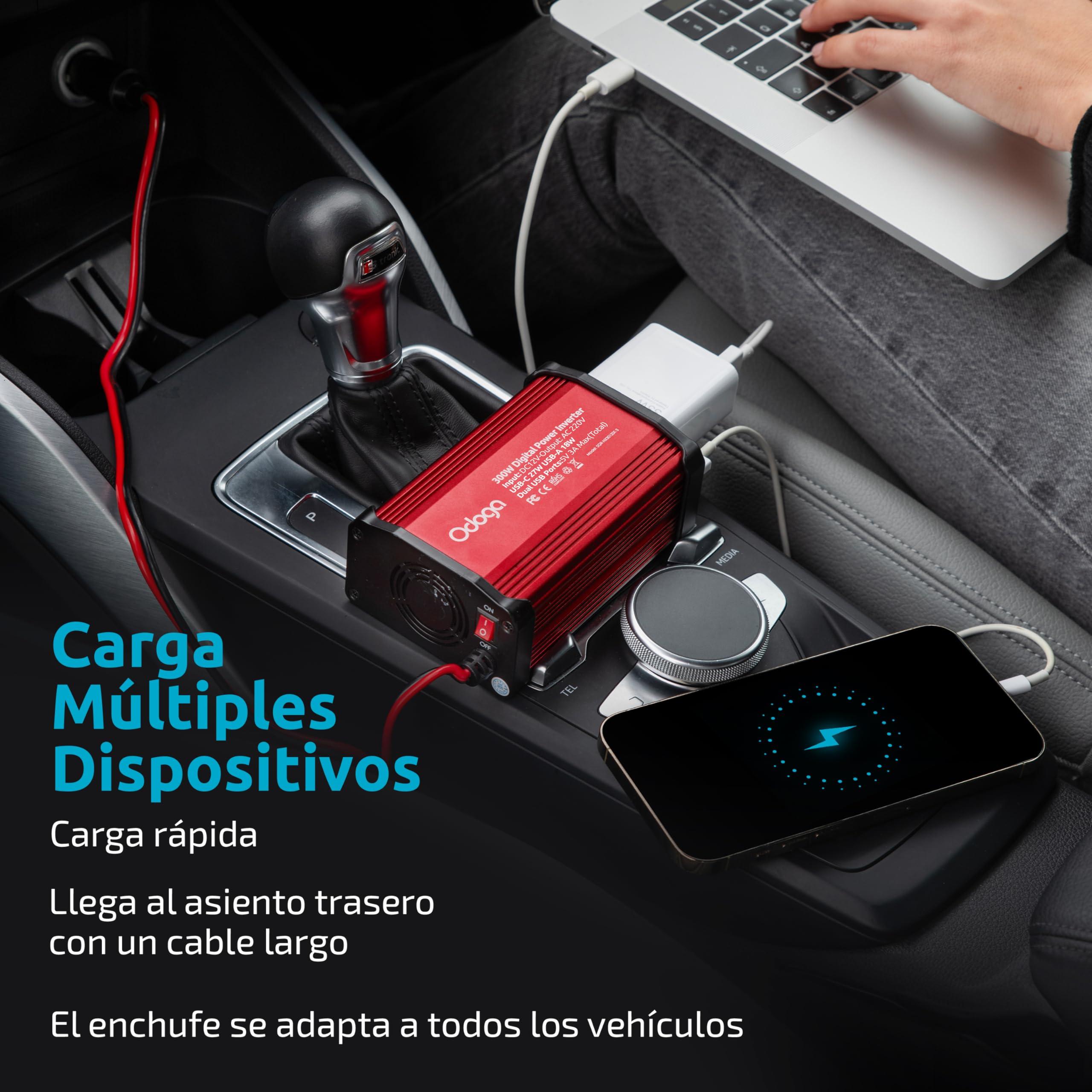 Odoga inversor 12v a 220v 300W para Coche, Convertidor con USB-C y USB-A - Adaptador Mechero Coche a Enchufe - Cargue Sus Dispositivos Electrónicos en Autocaravanas, Camper Furgoneta