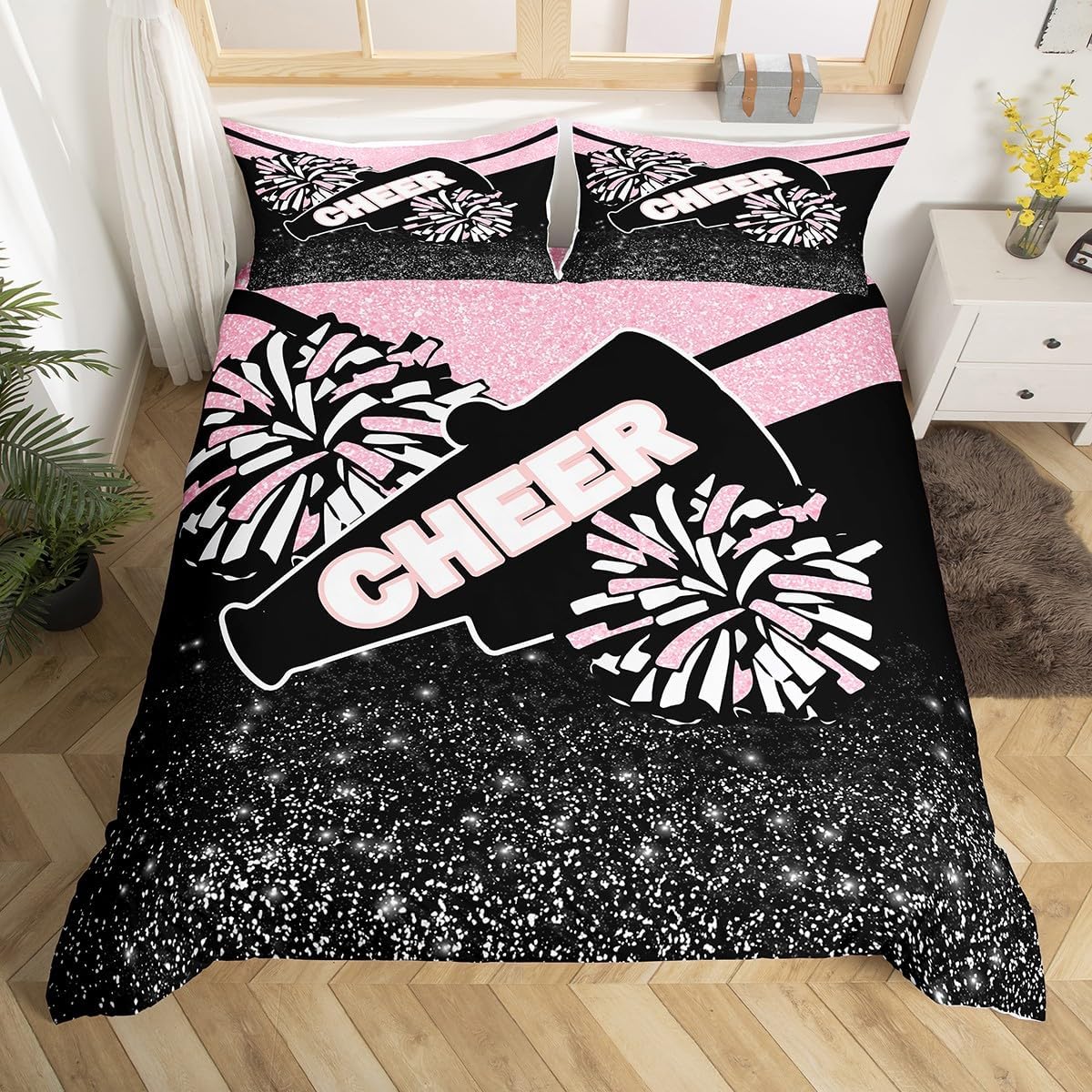 Pink Glitter Cheer Bedding Set Dreamy Girly Gymnastic Sports Comforter Cover for Kids Boys Girls Gymnastics Lovers Duvet Cover Cheer Sports Bedspread Cover Room Decor Queen Size (No Comforter)