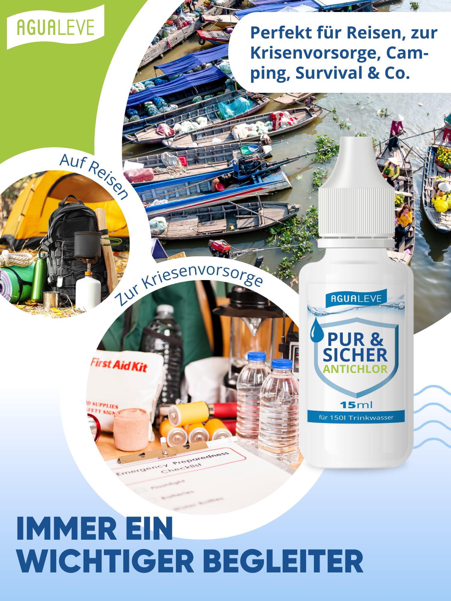 AGUALEVE® Antichlor 15ml für 150l Wasser *NEU* | Neutralisiert Chlor im Trinkwasser | Perfekt für Reisen und nach Wasserentkeimungstabletten | Markenqualität Made in Germany | mit Note 1,2 getestet