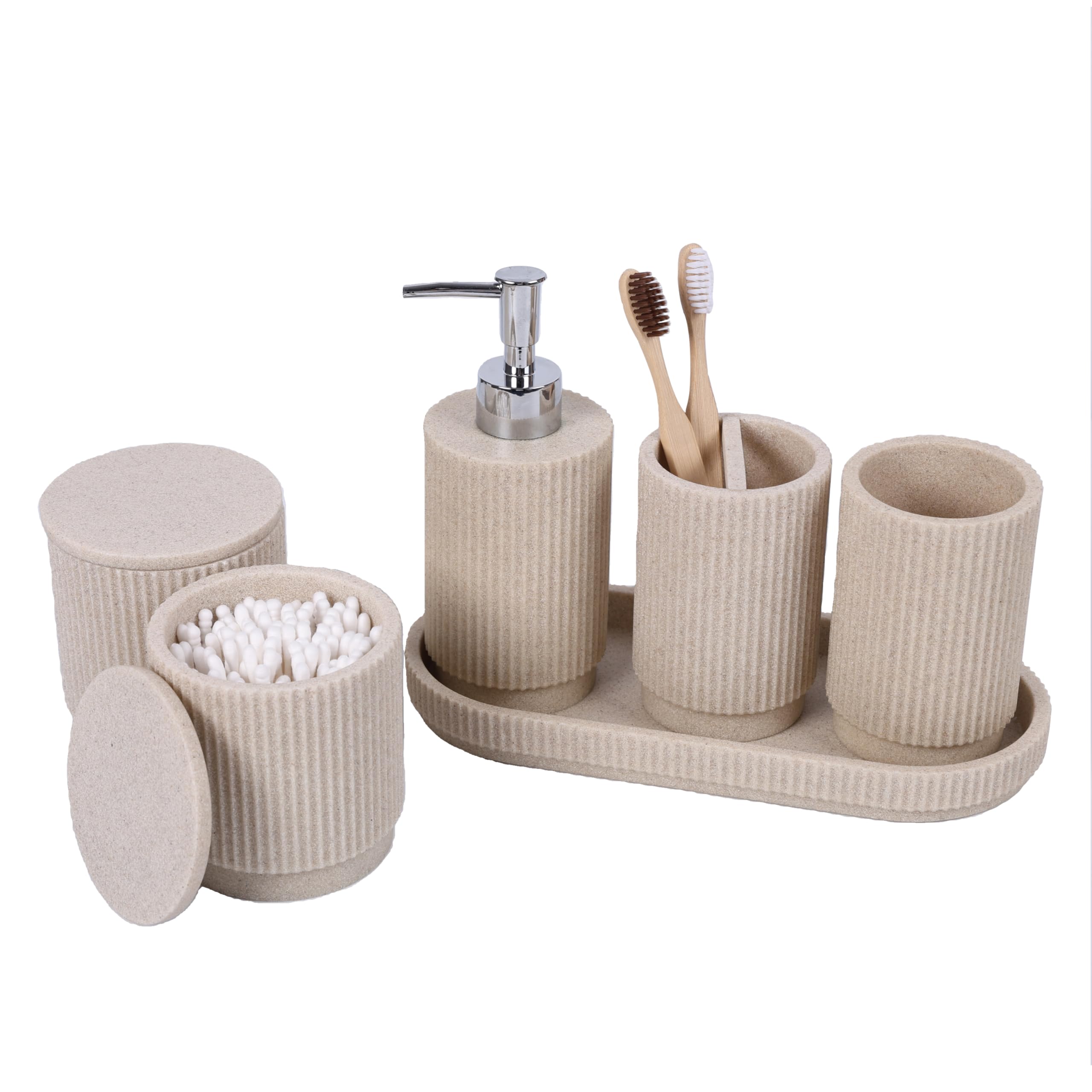 Set Bagno 6 Pezzi – Dispensatore Sapone + Set Bicchiere Dentifricio con Vassoio & Porta Cotton Fioc – Design Righe (Beige), Resina Premium – Include Portaspazzolini & Organizzatore