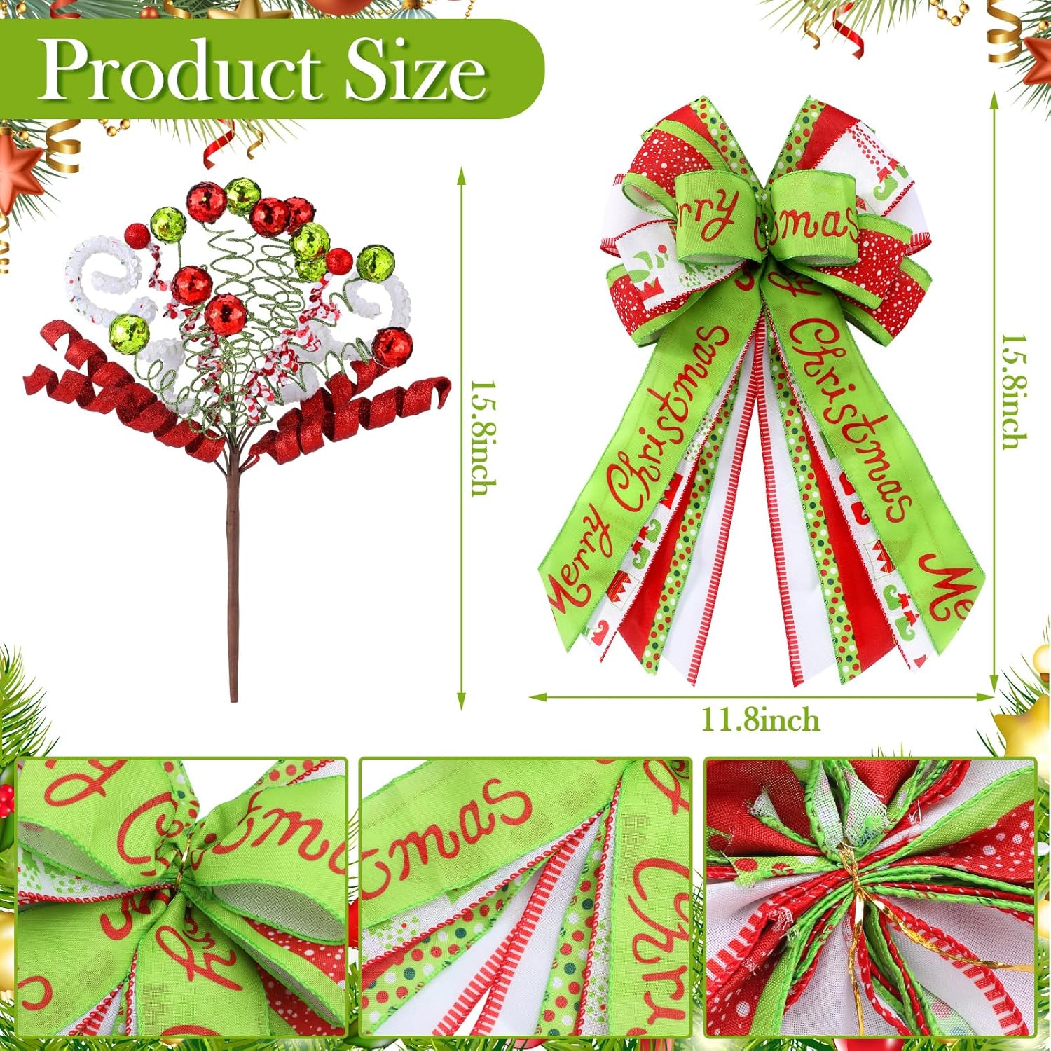 Liliful 23 Inch Large Red Green Christmas Tree Topper Bow Lime Green Tree Topper Glitter Sequins Ball Curly Whimsical Picks for Xmas Holiday Home Indoor Outdoor Decor