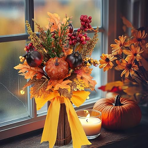 Miniatura 10 de Centros de mesa de otoño para mesas, flores falsas de otoño en jarrón, decoraciones de cosecha, arreglo floral de seda, decoración de calabaza