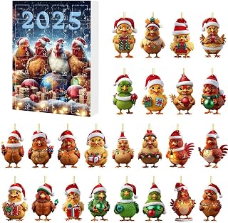 2025 Christmas Advent Calendar Chicken with Santa Hats, Chicken Countdown Calendar Christmas Tree Decoration, 24 Days Of Christmas Advent Calendar 2D Hanging Ornament for Kids Toddlers Xmas Gifts