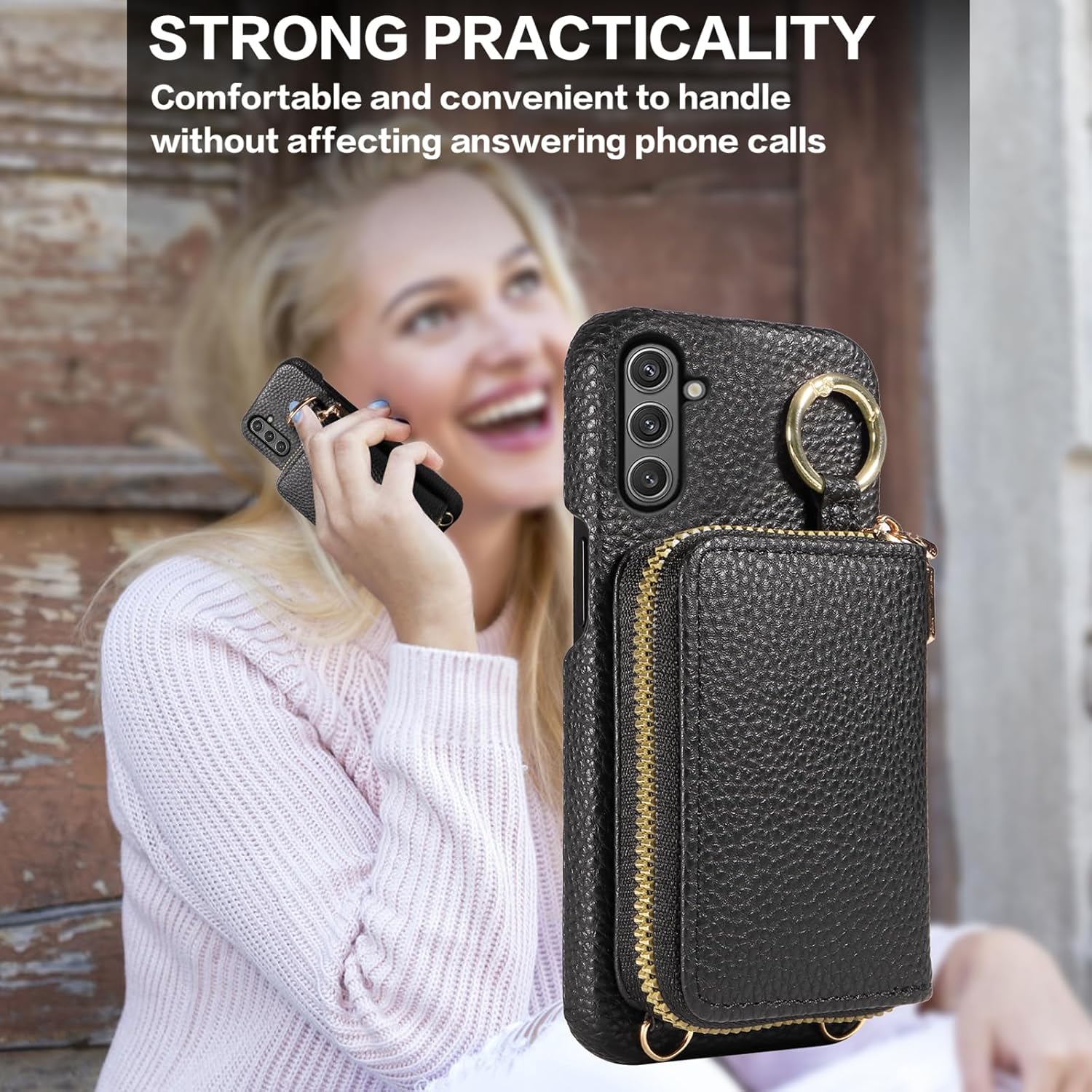 Wallet Case for Samsung Galaxy A16 5G/4G with Shoulder Strap Ring Buckle PU Leather Zipper Flip Organ Purse, Credit Card Holder Stand Full Body Cell Phone Cover for A 16 16A SM-A166U Black