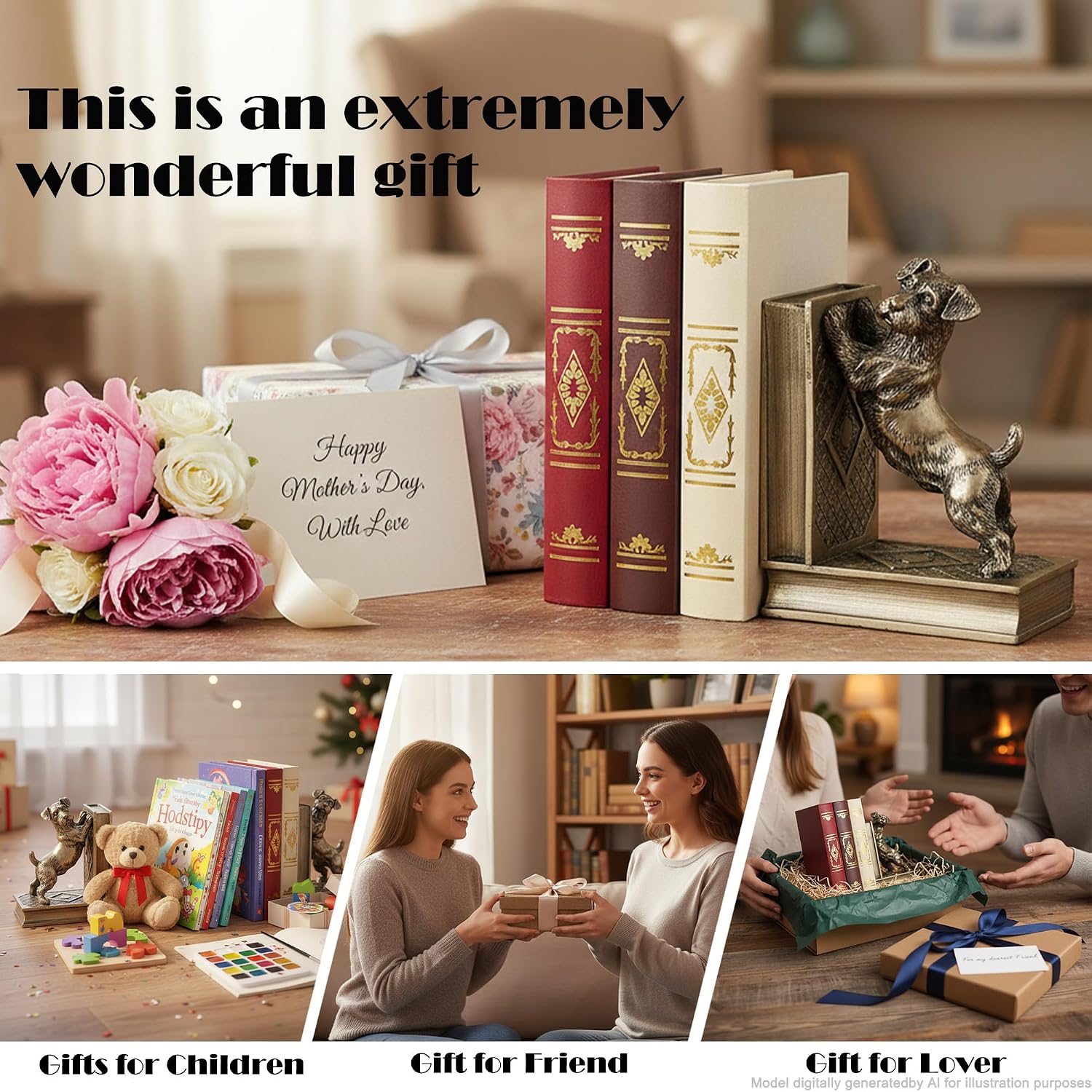 Dog Heavy Duty Bookends Book Ornament for Shelves Farmhouse Brass Decor, Brass Dog Resin Shelf Decorative Clear Book Ends, Farmhouse Cool Modern Small Kids Bookends for Cookbooks 1 Pair