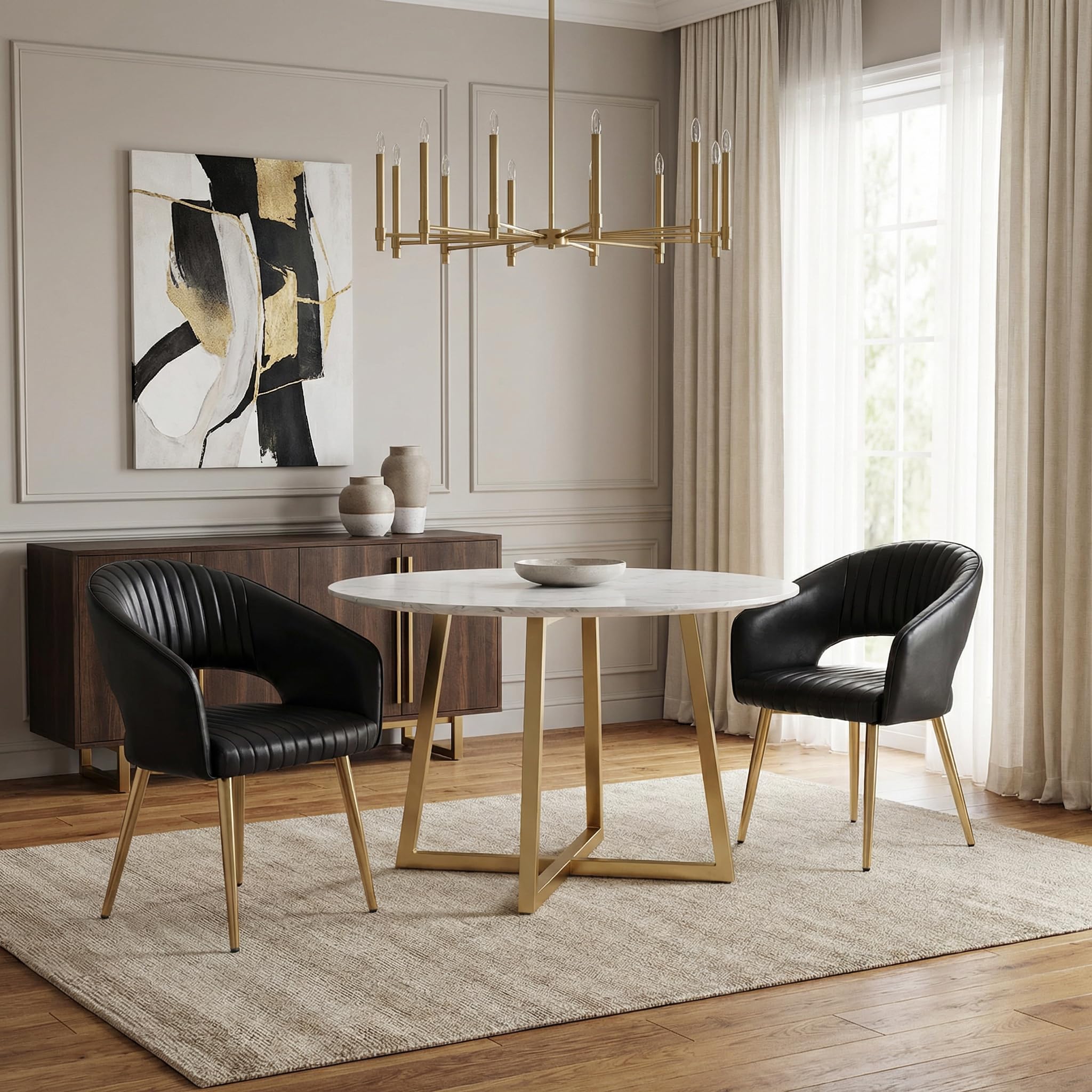 QUINJAY Modern Dining Chairs Set of 2, Upholstered PU Leather Gold Dining Room Chairs with Hollow Back, Accent Armrest Kitchen Chairs with Gold Legs
