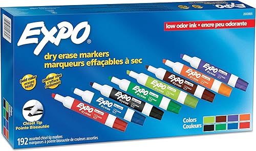 Expo 2003995 Marcadores de borrado en seco de bajo olor, punta de cincel, paquete de oficina, surtido, 192 por paquete (San2003995)