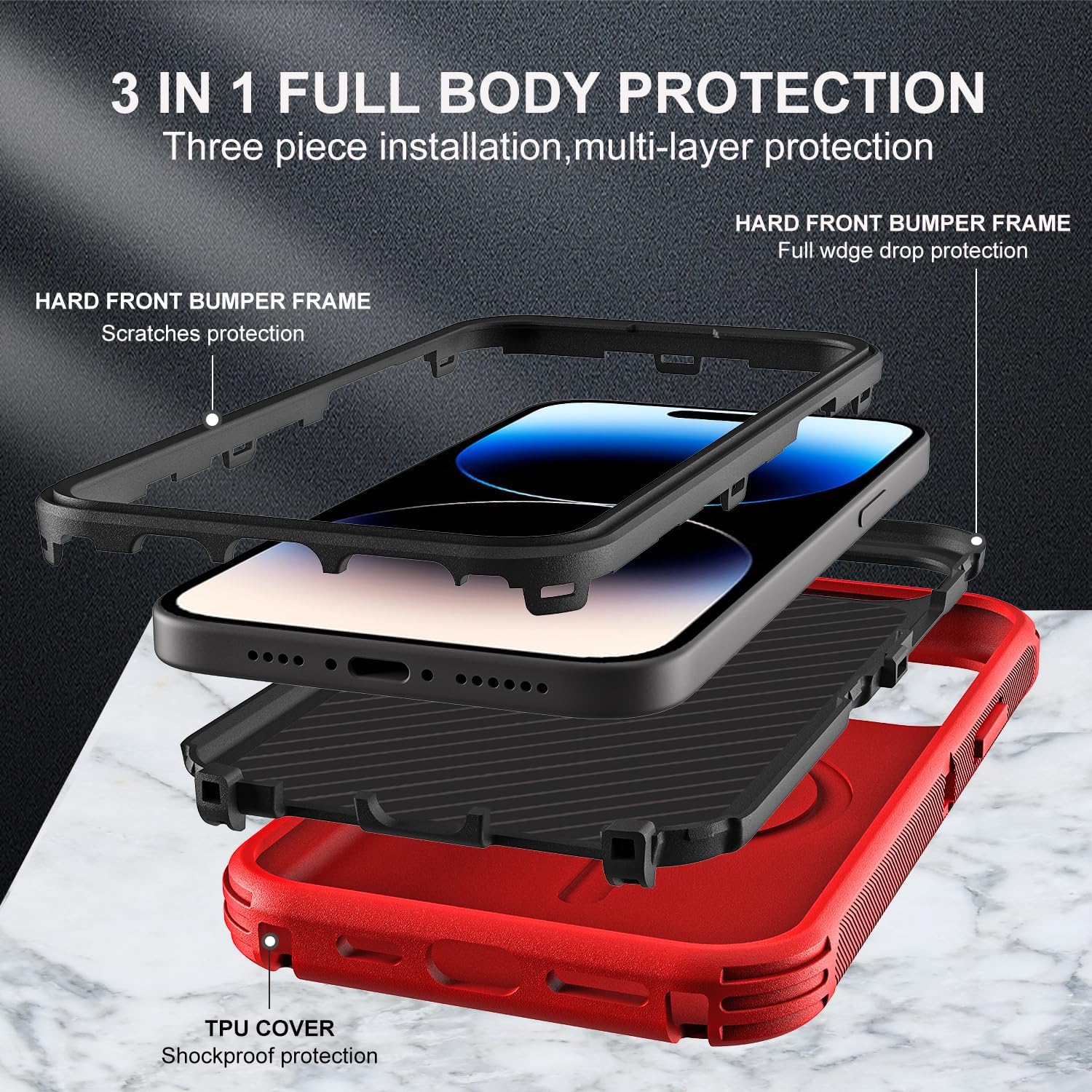 YKHJKLEC for iPhone 14 Pro Max Case, Military Grade 3 in 1 Heavy Duty Shockproof/Drop Proof/Dust Proof with Kickstand Case, with 2 x Tempered Glass Screen Protector & 1 x Wrist Strap (ZJ-Red/Black)