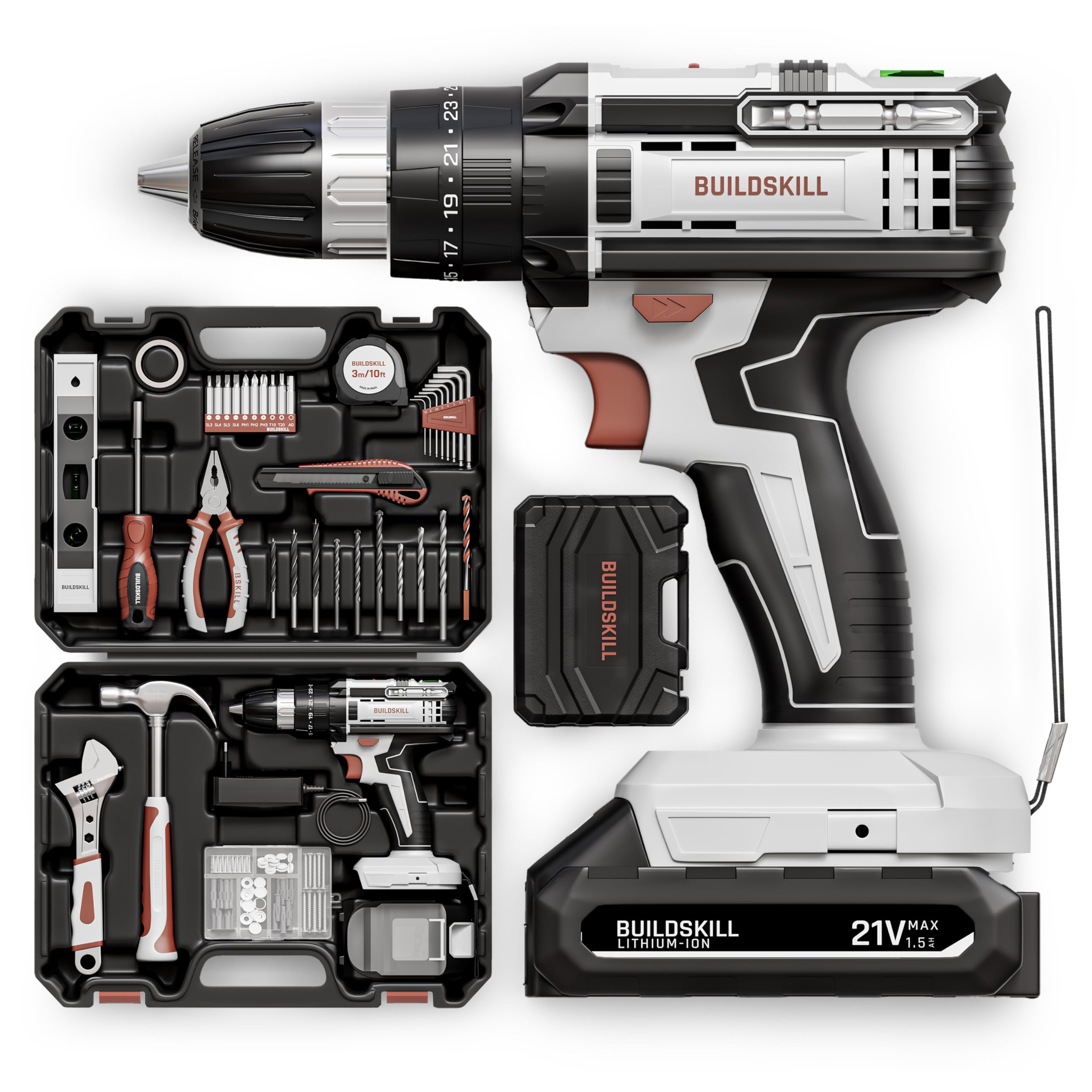 BUILDSKILL 159 PCs 21V Cordless Drill Machine Toolkit | 25NM Torque | Copper Motor | Impact & Drill | 2-Speed 400/1400 RPM | 10mm Metal Keyless Chuck | Forward-Reverse | Professional & DIY Use-image-4