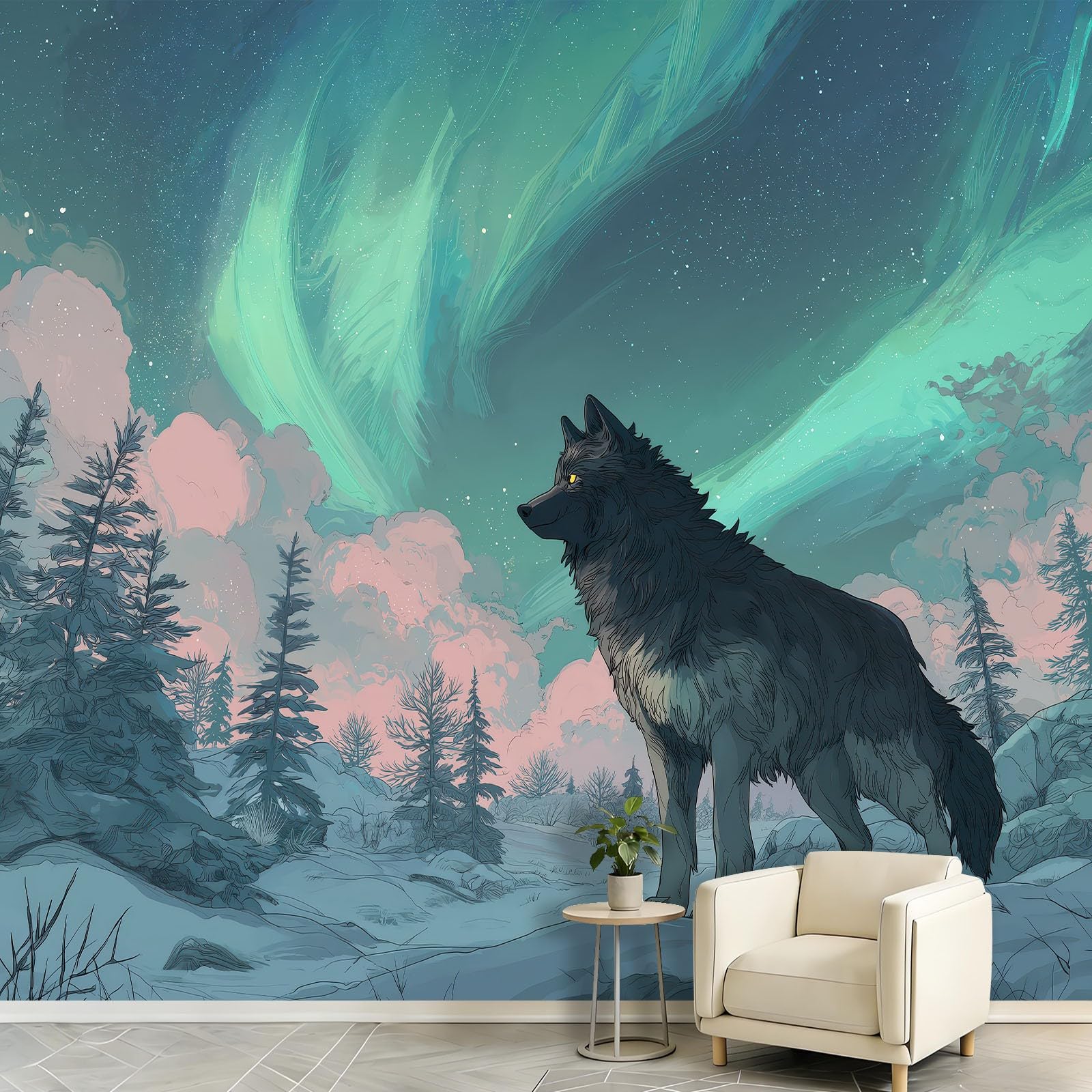 Panoramiczna tapeta z włókniny fantasy wilk 200 x 140 cm tapeta dekoracyjna do salonu i sypialni, efekt 3D, zorza polarna na południe chmura