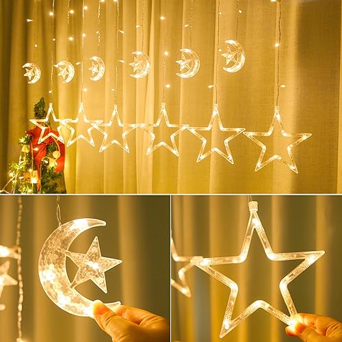 Miniatura 9 de FUCHSUN $$$ Tira de luces LED de luna y estrella, 138 luces LED blancas cálidas, alimentadas por USB, con control remoto, 8 modos de iluminación,