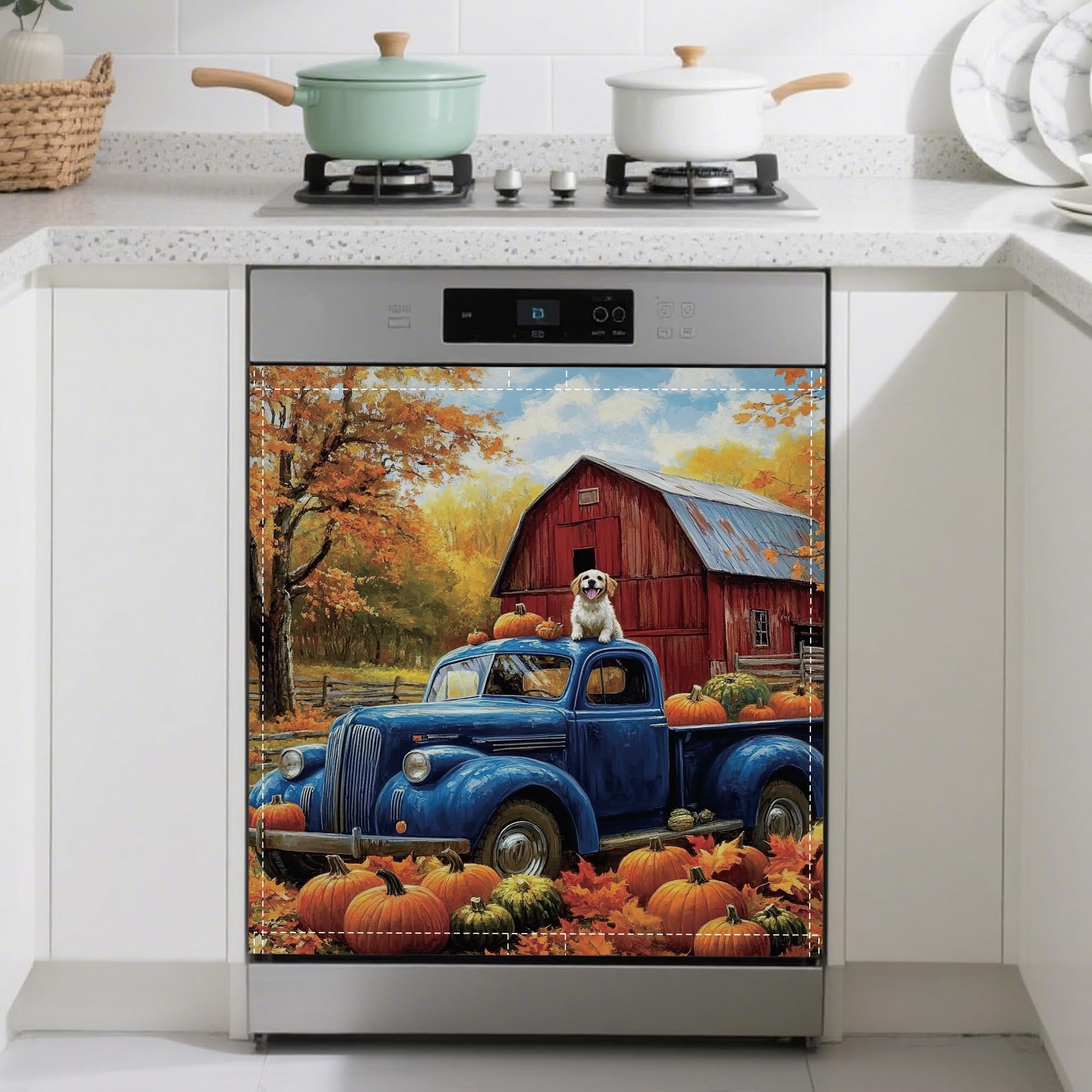 Dishwasher Magnet Cover,Blue Truck Dishwasher Cover Magnetic Pumpking Leaves Home Appliances Refrigerator Decorative 23" x 26"