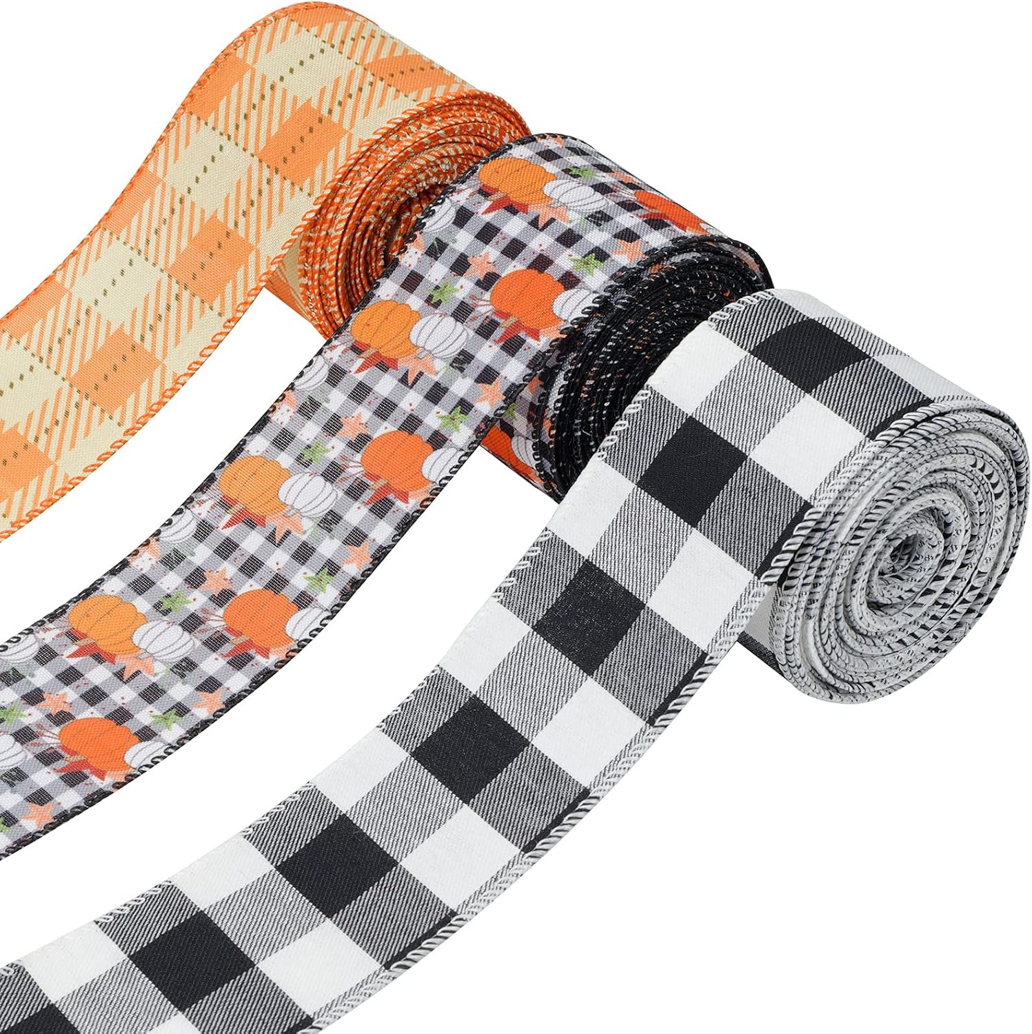 CHICHIC Fall Ribbon Buffalo Plaid Pumpkin Ribbon Burlap Ribbon Thanksgiving Autumn Ribbon for Fall Holiday Garland Gift Wrapping Orange Black White Check Wired Ribbon, 3 Rolls, 3 x 10 Yards, 2.5 Inch