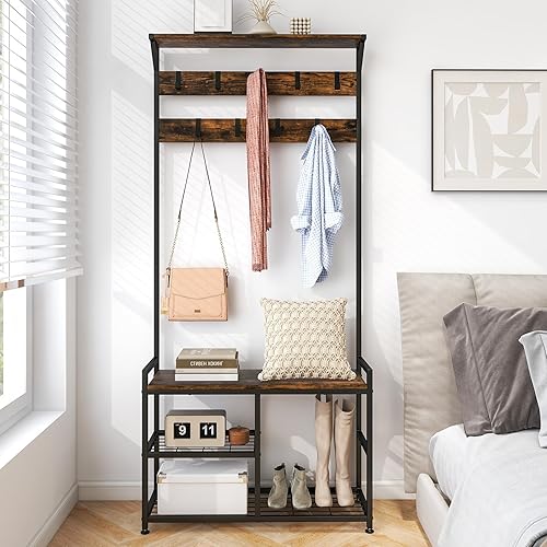 Miniatura 3 de Tangkula Perchero para zapatos, árbol industrial 3 en 1 con banco de almacenamiento y 9 ganchos para colgar, banco de entrada con aspecto de madera