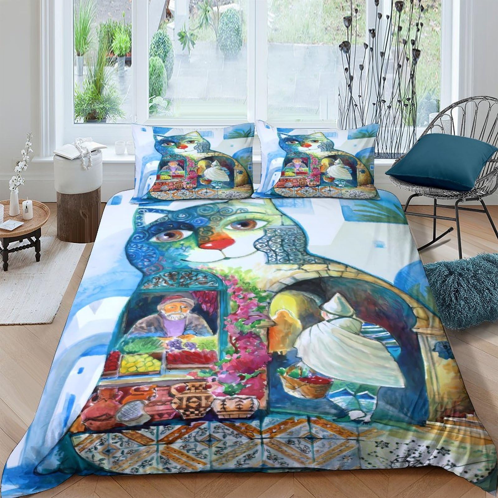 Ctjqhvkz Style-4 3D Printed Artistic Cat Pattern Fitted Sheet Microfiber Soft Colorful Abstract Bed Cover For Bedroom Dorm Mattress Protection Decor Single（135X200cm）