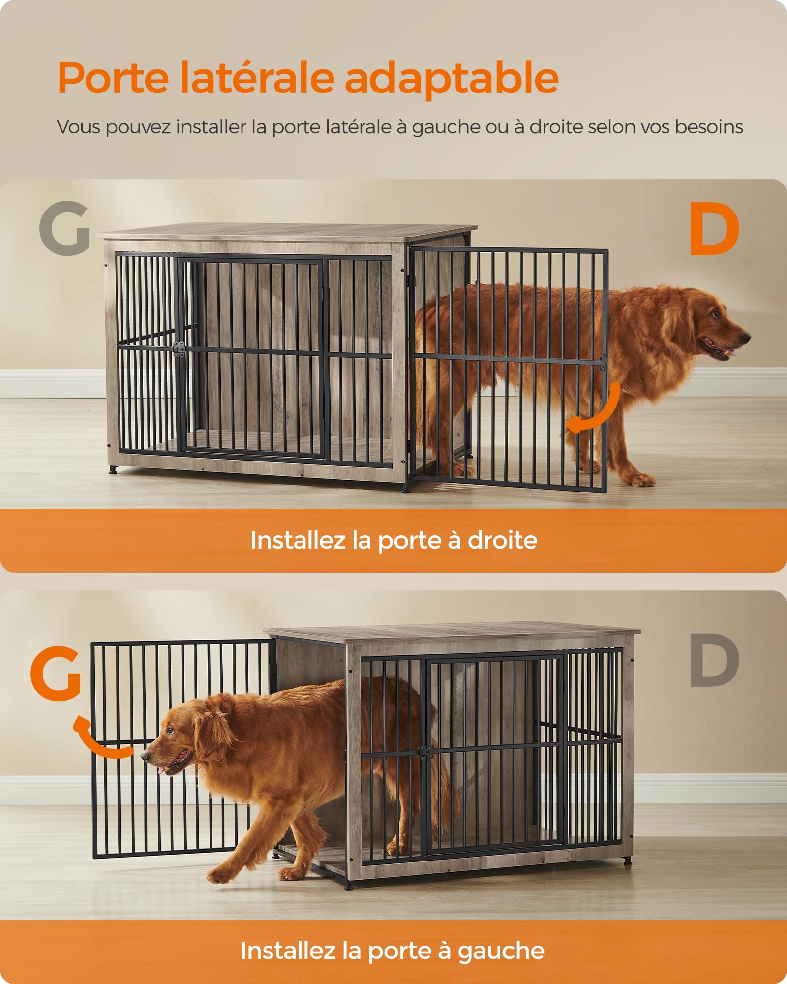 Feandrea Meuble Cage pour Chien, Table d’Appoint, Niche Moderne pour Chiens Jusqu’à 37 kg, Cage Solide pour Chien avec Fond Plein, Double Porte, Grège Chiné PFC024G01