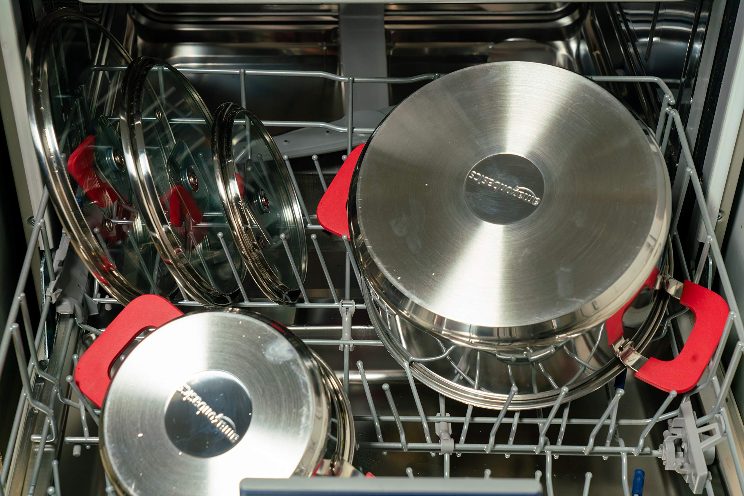 Amazon Basics Batterie de Cuisine à Induction 3 Pièces en Acier Inoxydable - avec Couvercle Empilable, Poignée au Toucher Doux - 16/20/24 cm
