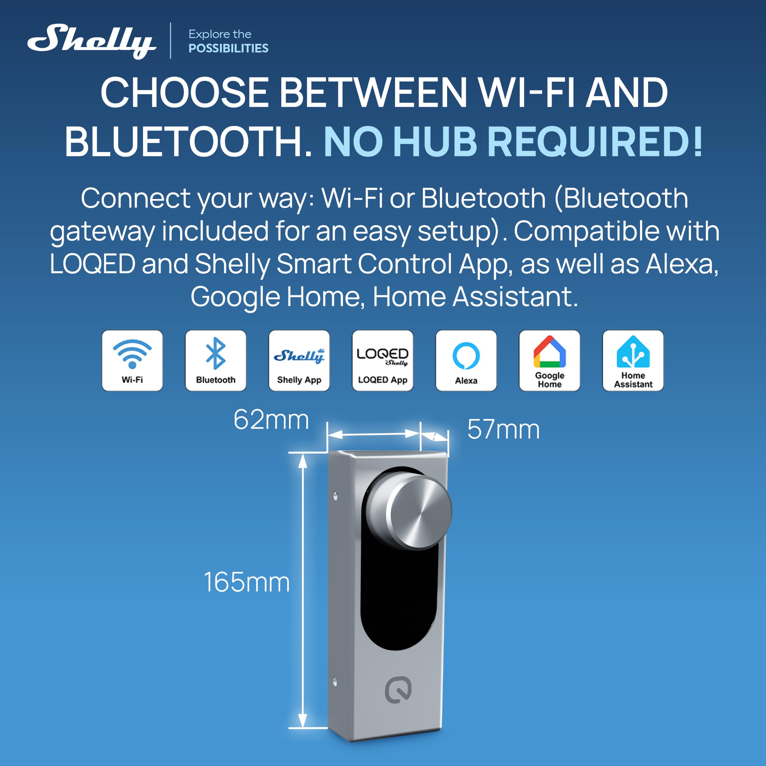 LOQED Pure Argento - Serratura Smart con Wi-Fi e Bluetooth per Cilindro Europeo, Batteria Ricaricabile con Cavo Alimentazione Emergenza 9V, LOQED App e Shelly Smart Control, Apertura Senza Chiave