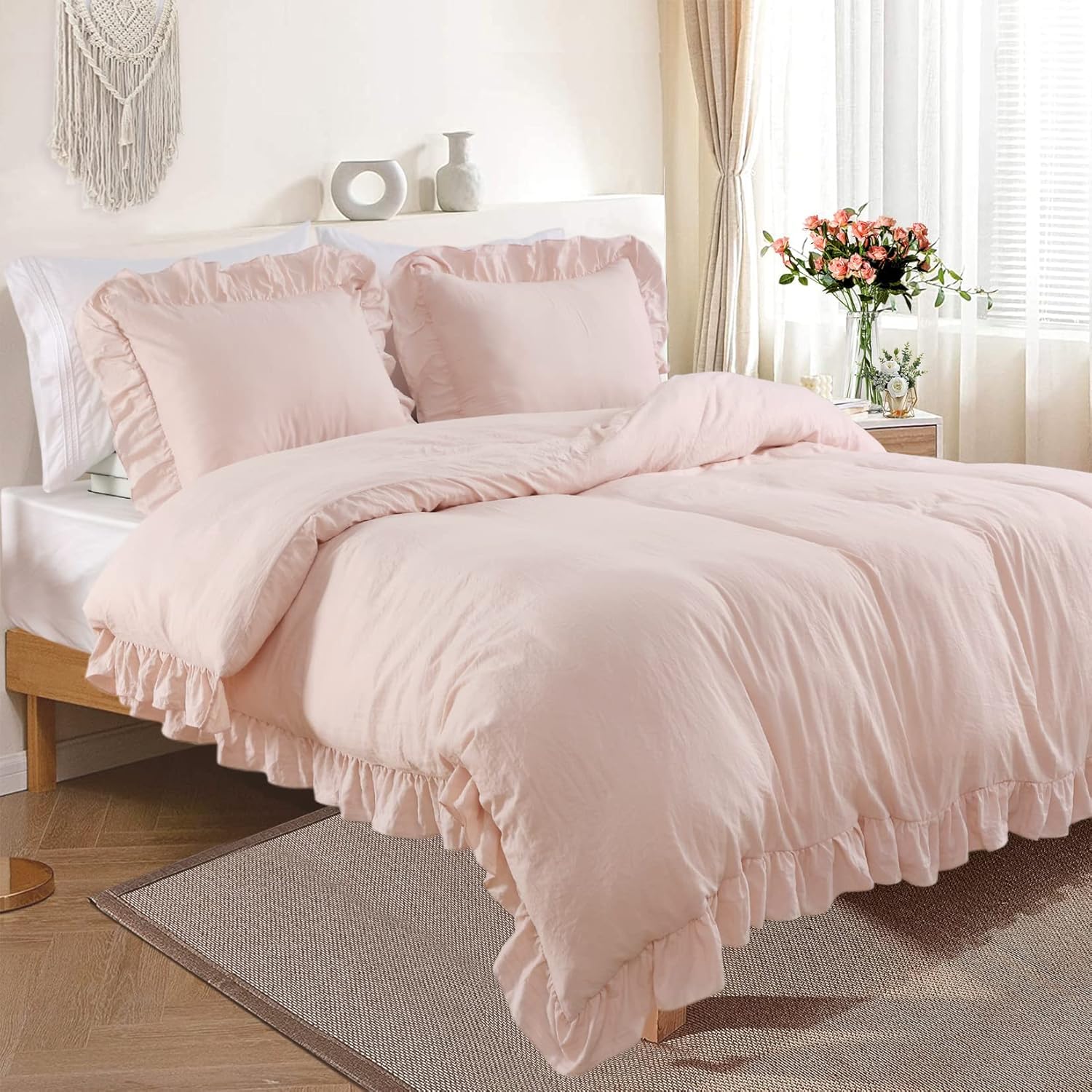 Ruffle Duvet Cover Queen Size,3pc Farmhouse Shabby Vintage Ruffled Bedding Set French Country Comforter Cover Aesthetic Soft Quilt Cover Set, Pink