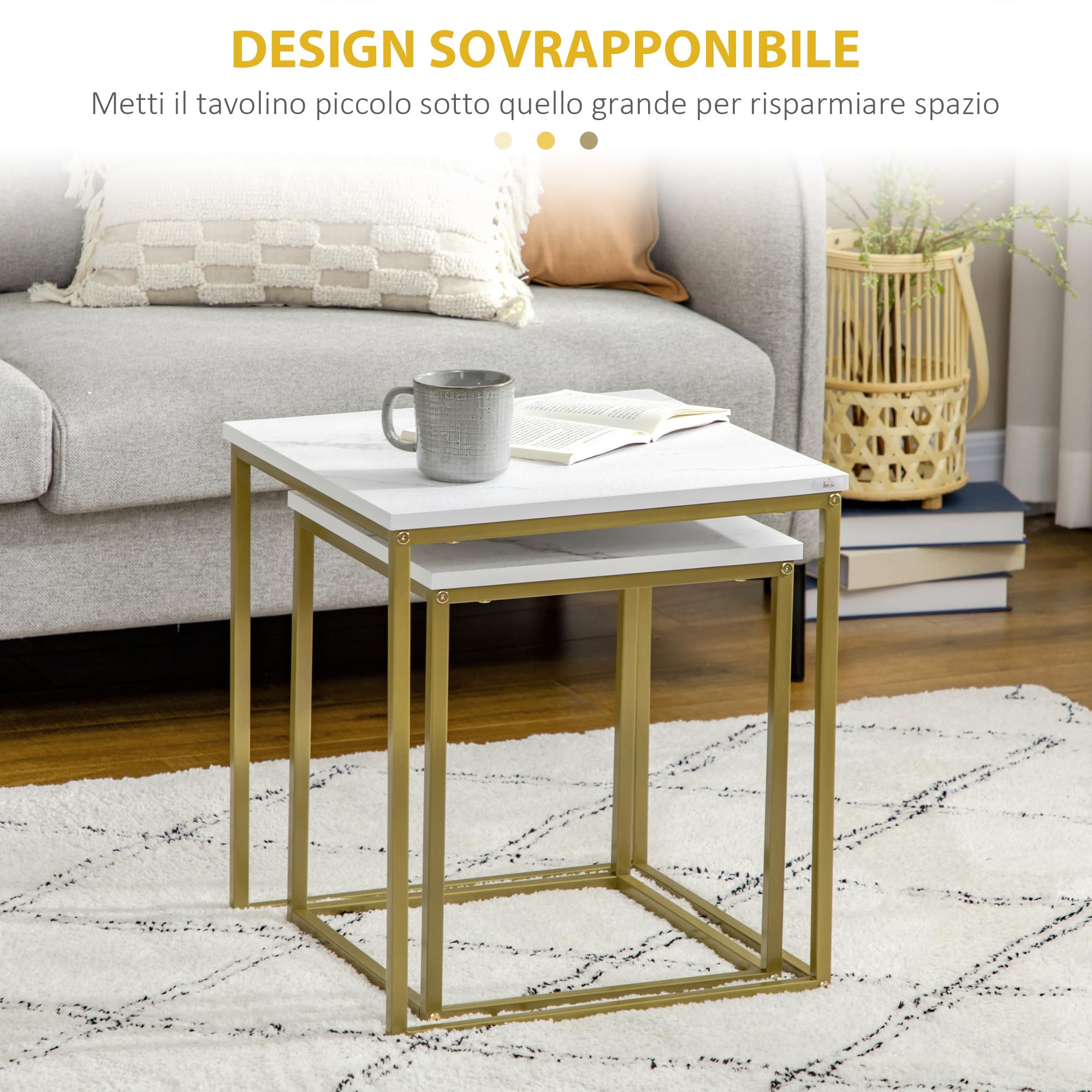 HOMCOM Tavolino da Salotto Set 2 Pezzi Impilabile Bianco e Oro