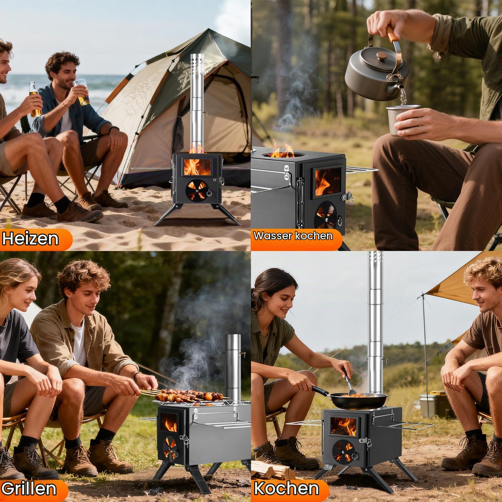 SOPPY Zeltofen mini Holzofen Tragbarer Campingkocher Edelstahl Herd Campingofen Gartenofen mit Schornsteinrohre Werkstattofen für Zelt/Garten/Camping/Outdoor/Picknick/Kochen, Schwarz