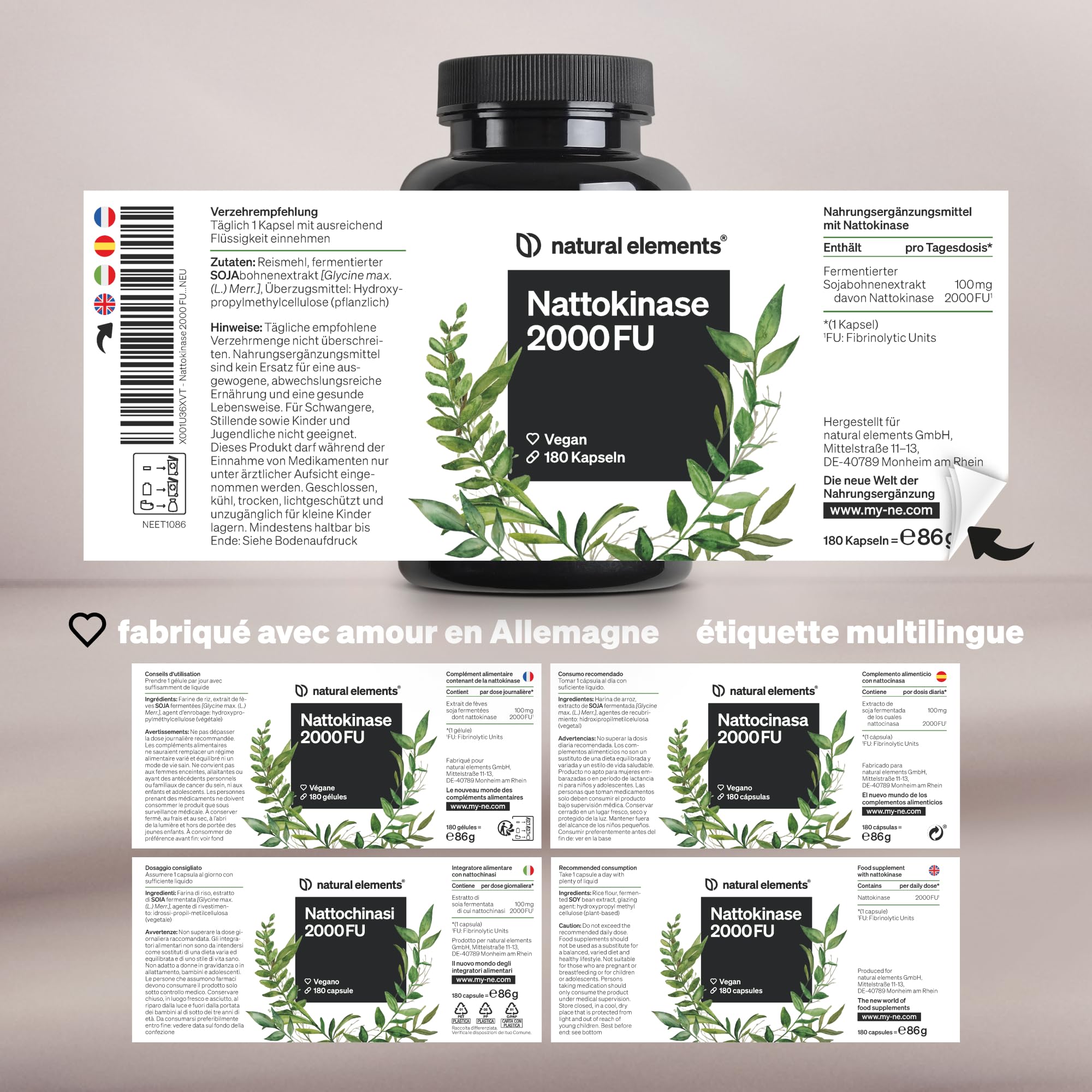 Nattokinase – 180 gélules hautement dosées de 100 mg (20 000 FU/g) chacune – natto issu de soja sans OGM – végane, sans additifs inutiles – produit et contrôlé en laboratoire en Allemagne