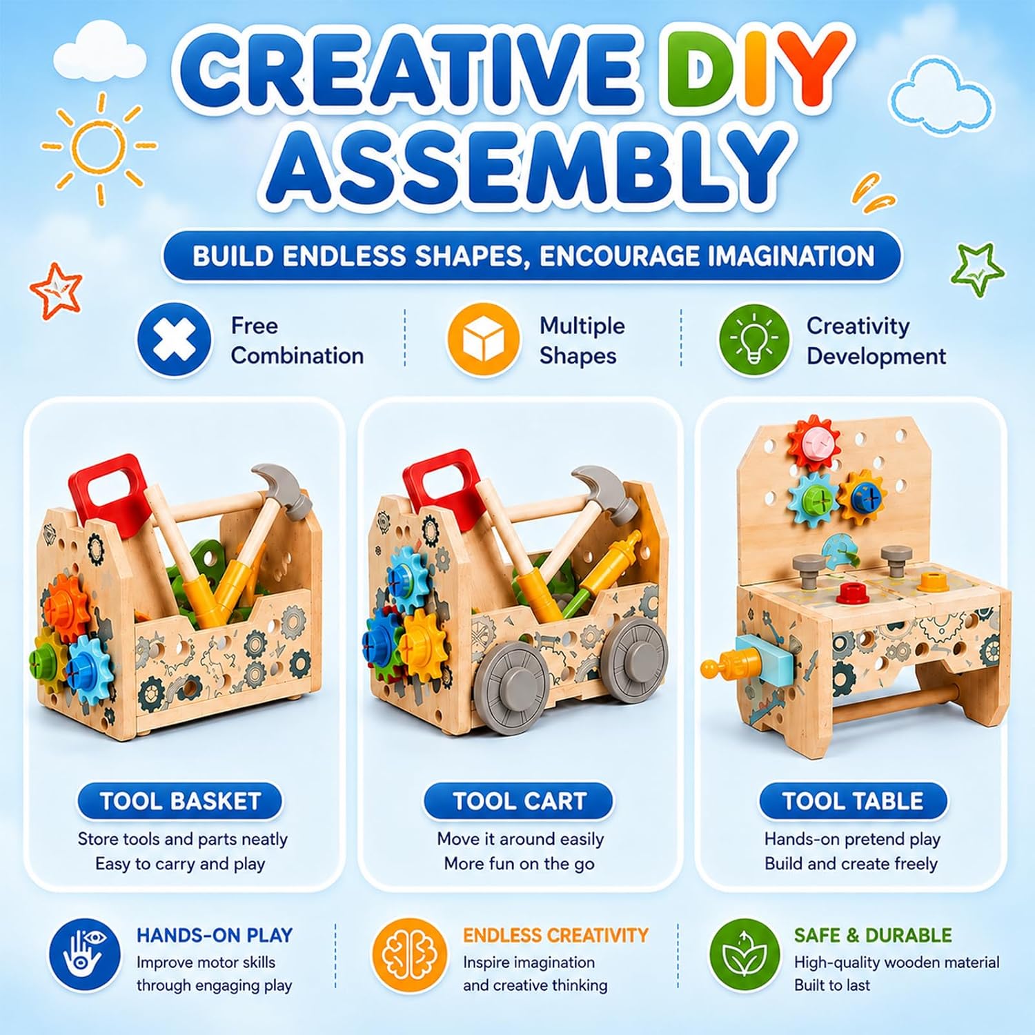Kids Tool Set Toy, Wooden Building Tools Set with Hammer, Saw, Screwdriver, Gears, Montessori STEM Educational Construction Toy, Pretend Play Repair Tools for 3+ Year Old Boys & Girls, Birthday Gift