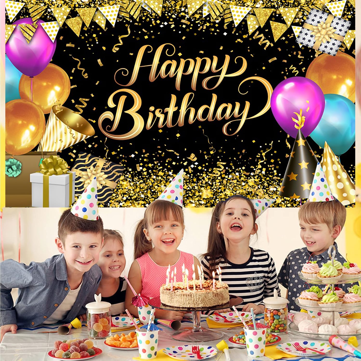Gelukkig 18e Verjaardagsfeest Achtergrond Fotografie Achtergrond voor Mannen Vrouwen Blauw Goud Foto 18 Jaar Oude Cake Banner Poster Custom 180X120cm