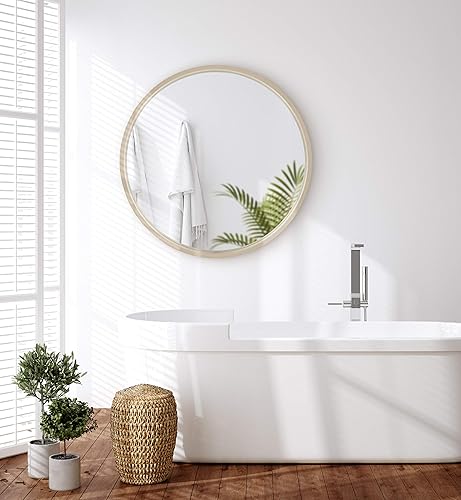 Miniatura 2 de Kate and Laurel Travis Espejo de pared redondo de mediados de siglo, 25.6 pulgadas de diámetro, arena marrón claro, espejo de acento moderno para