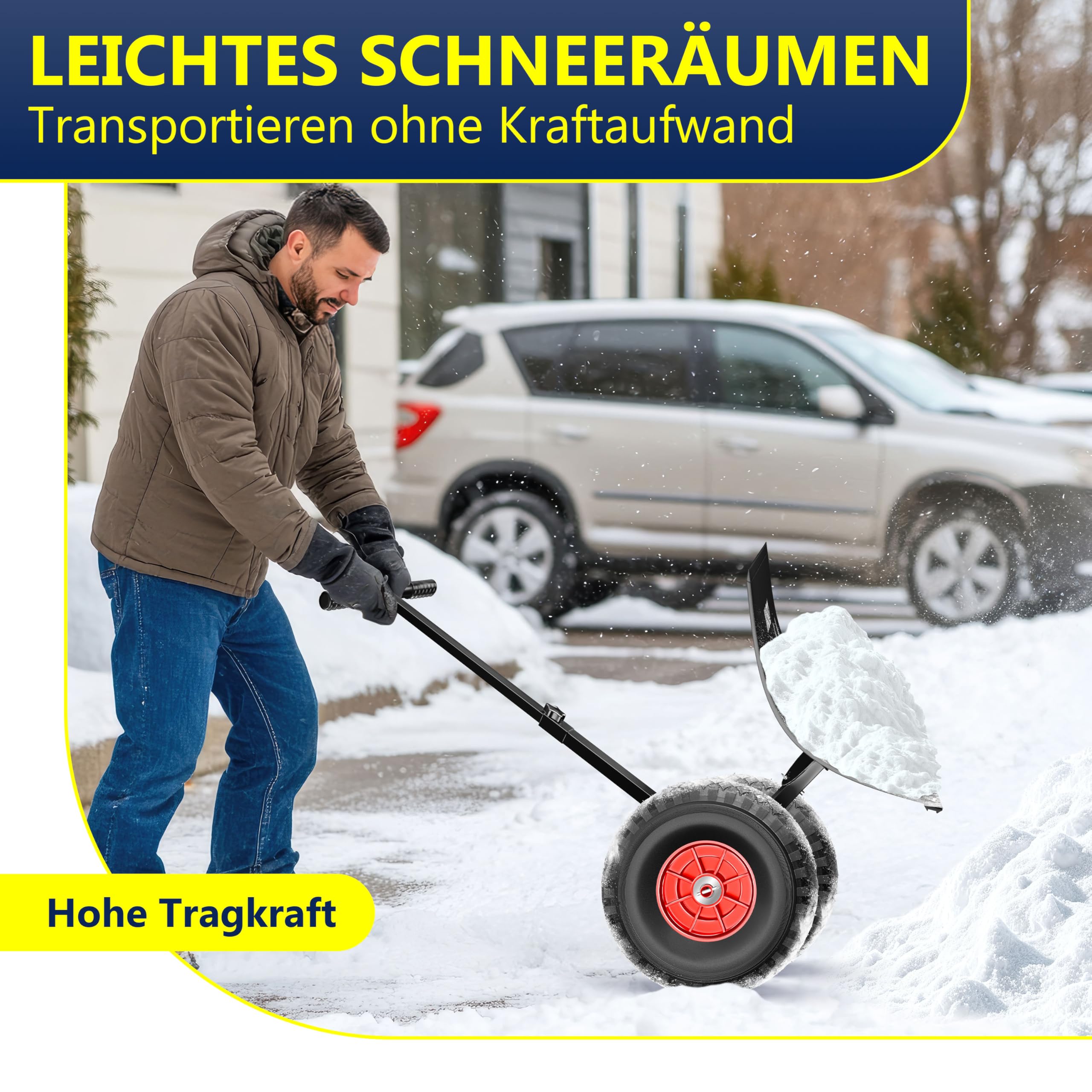 Masko Schneeschaufel auf Rädern höhenverstellbar - 5-Fach Schneeräumen, rückenschonender Schneeschieber, Schneeschild 75 cm Arbeitsbreite-Höhe 42, platzsparend zusammenklappbar, Schwarz