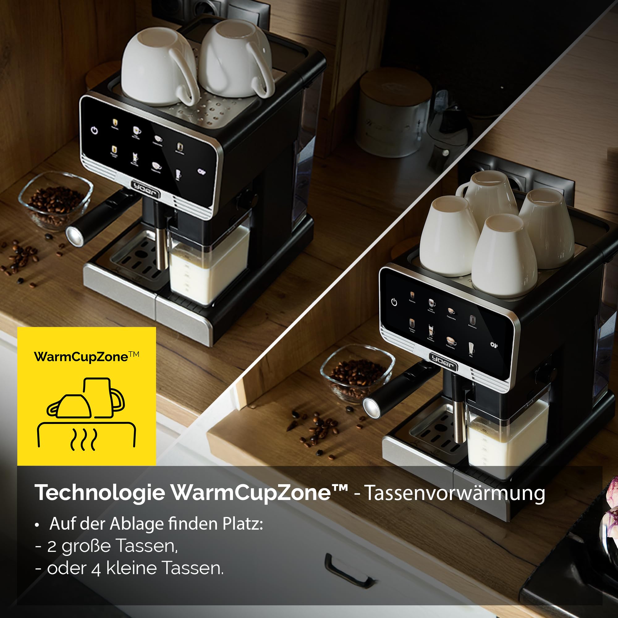 Yoer Kaffeevollautomat mit Milchsystem, Kaffeemaschine, 8 automatische Programme, Touchscreen, 20 bar, 1350W, Milchaufschäumer, Espresso, Cappuccino & Latte, 2-Tassen-Funktion, Creamo EMF03BK, schwarz