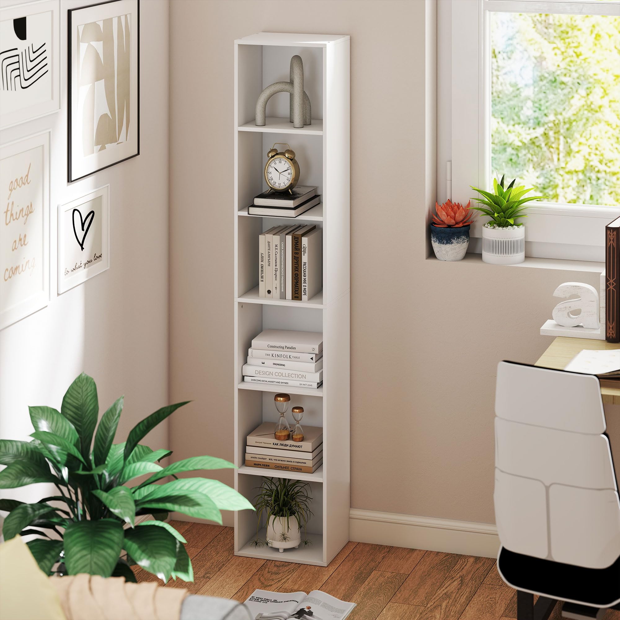 HOMCOM Libreria Scaffale a 6 Ripiani Salvaspazio 30x24x159 cm Bianco | Libreria Verticale, Scaffale Portaoggetti, per Soggiorno Camera da Letto Ufficio Studio