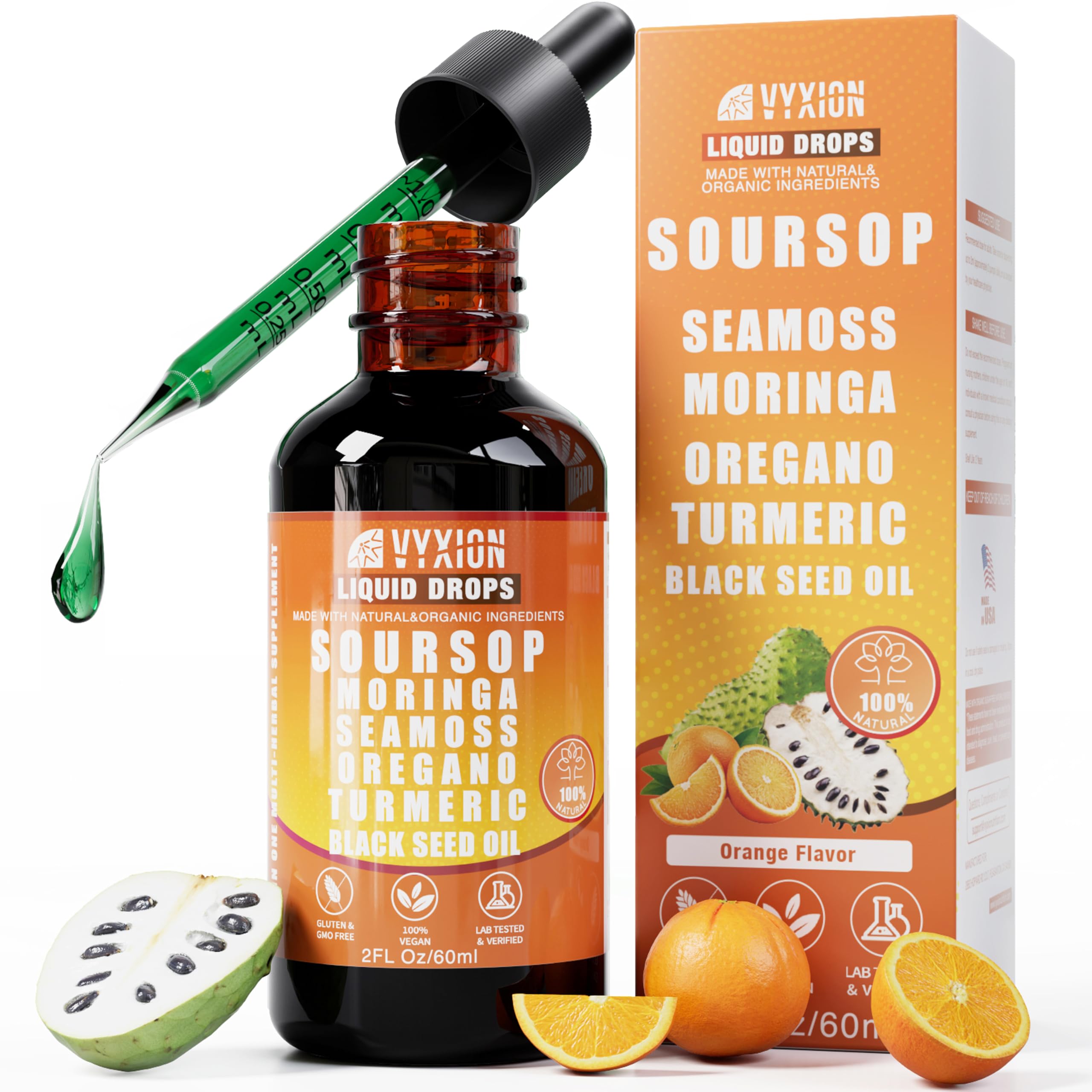 Soursop Bitters Liquid Drops 10 in 1 with Sea Moss, Moringa, Turmeric, Black Seed Oil, Oregano, Ashwagandha | Herbal Extracts for Overall Health-Enhancing | Vegan, Non-GMO | 2 Fl Oz (Orange Flavor) Orange 2 Fl Oz (Pack of 1)