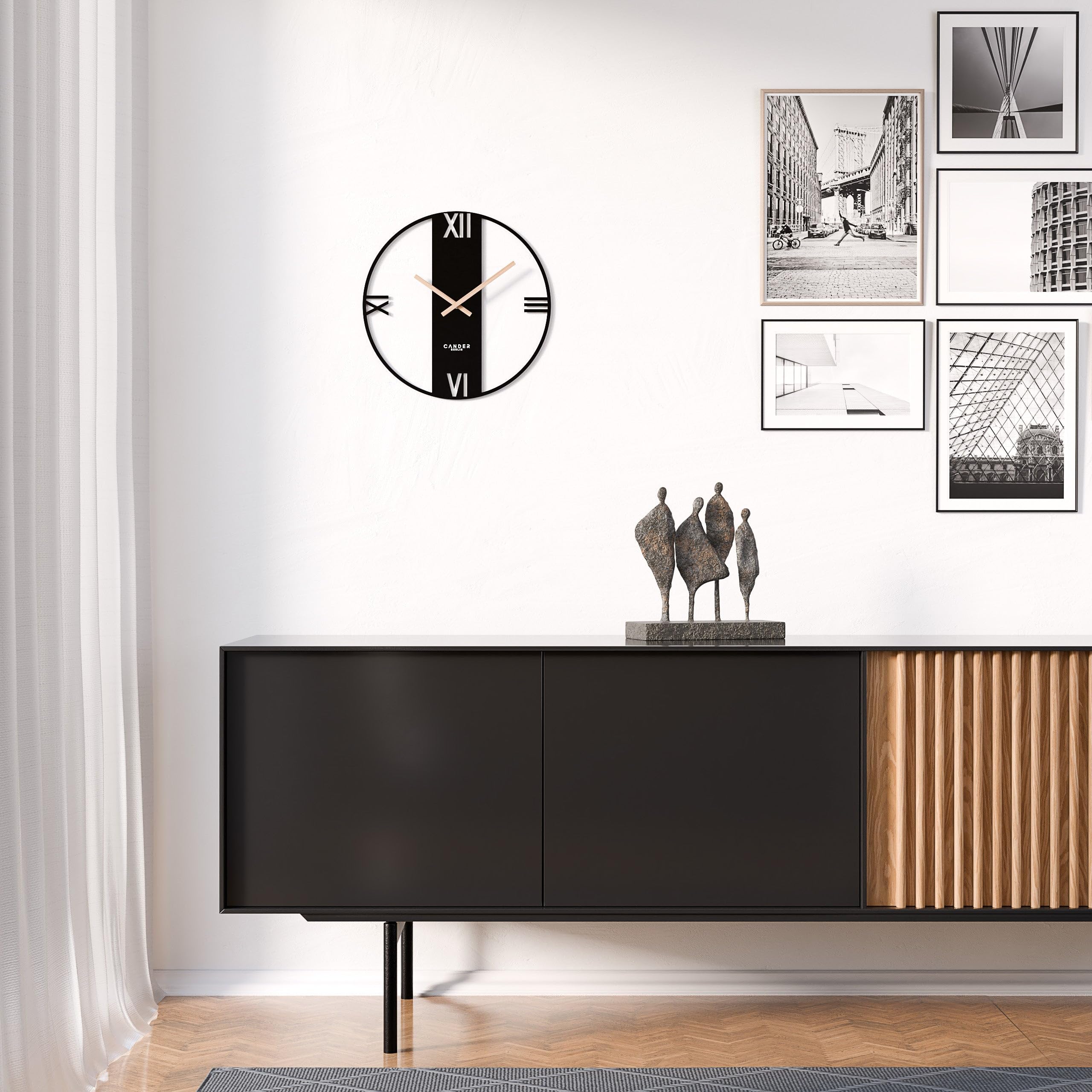 Cander Berlin Elara XXL Reloj de pared vintage silencioso, 40 cm, metal, manecillas de madera, sin ruido de tictac, grande, moderno, negro, salón, cocina
