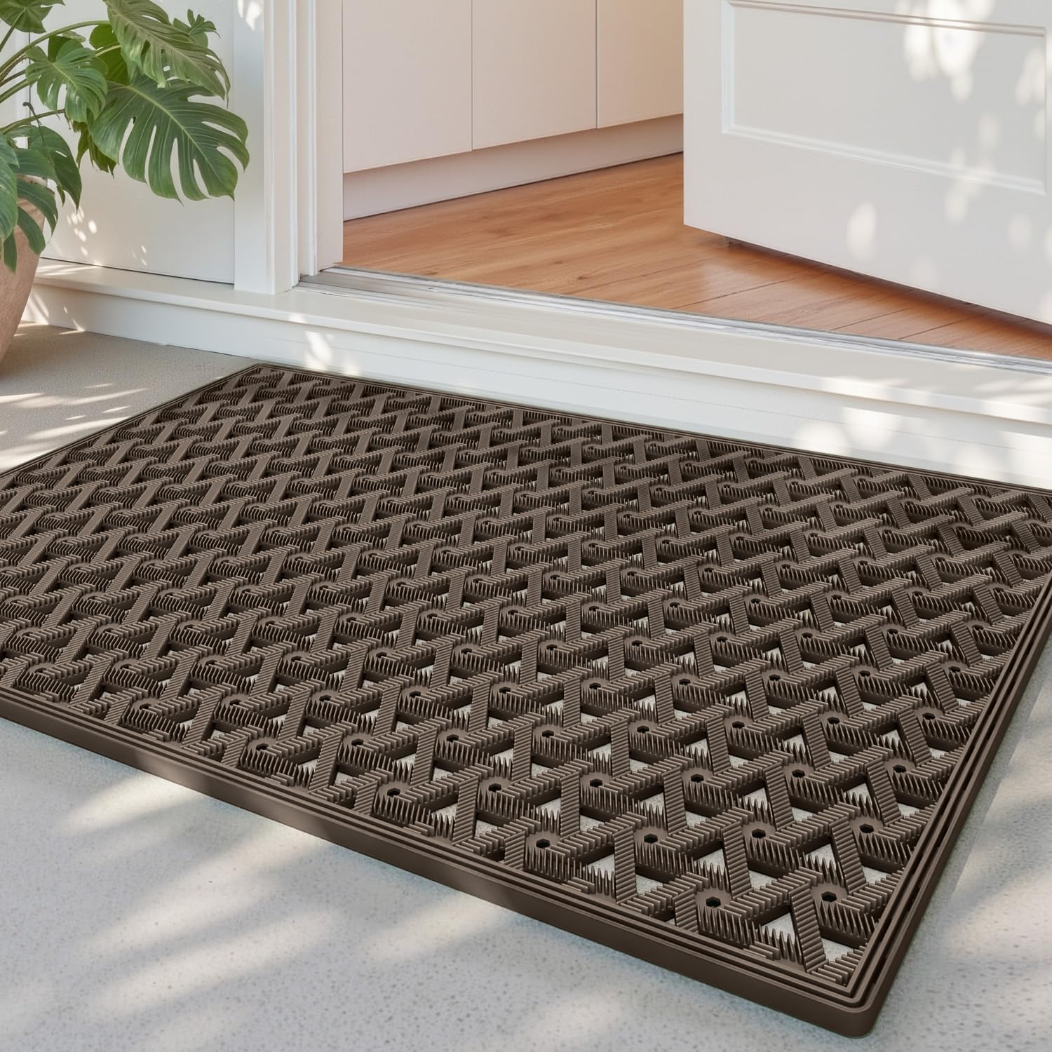 DEXI Outdoor Door Mat 48.5 x 75 cm, Non Slip Dirt Trapper Doormats Waterproof with Drainage Holes, Low Profile Entry Mats for Entrance, Patio, Garden, Brown