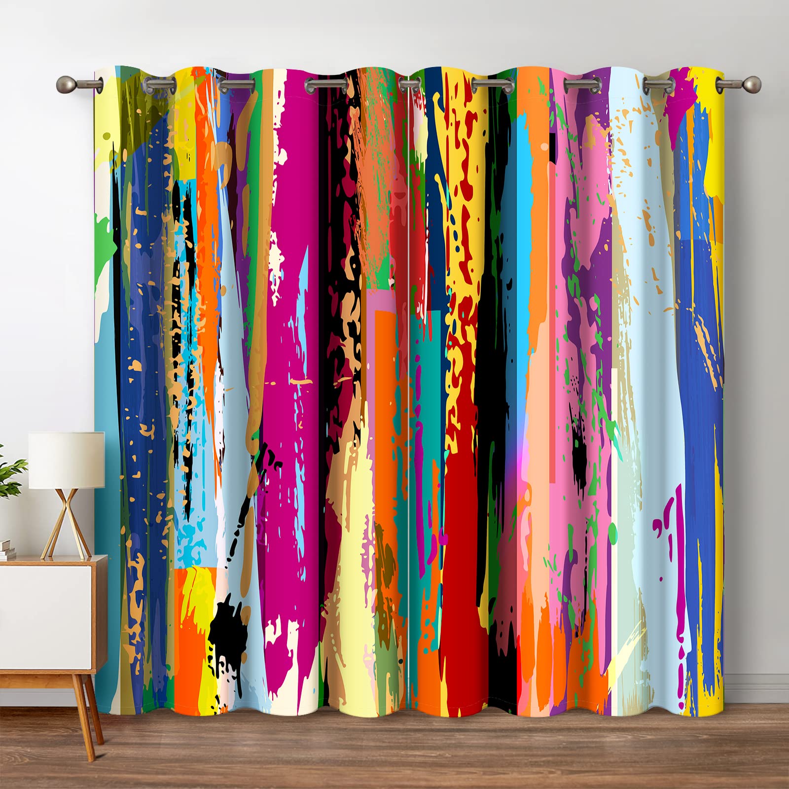 Jekeno Abstract Blackout Curtains Colorful Rainbow Design Multicolored Tainted Pattern Home Bedroom Living Room Hippie Decor Grommet Window Drapes 2 Panel Set, 52"x84"